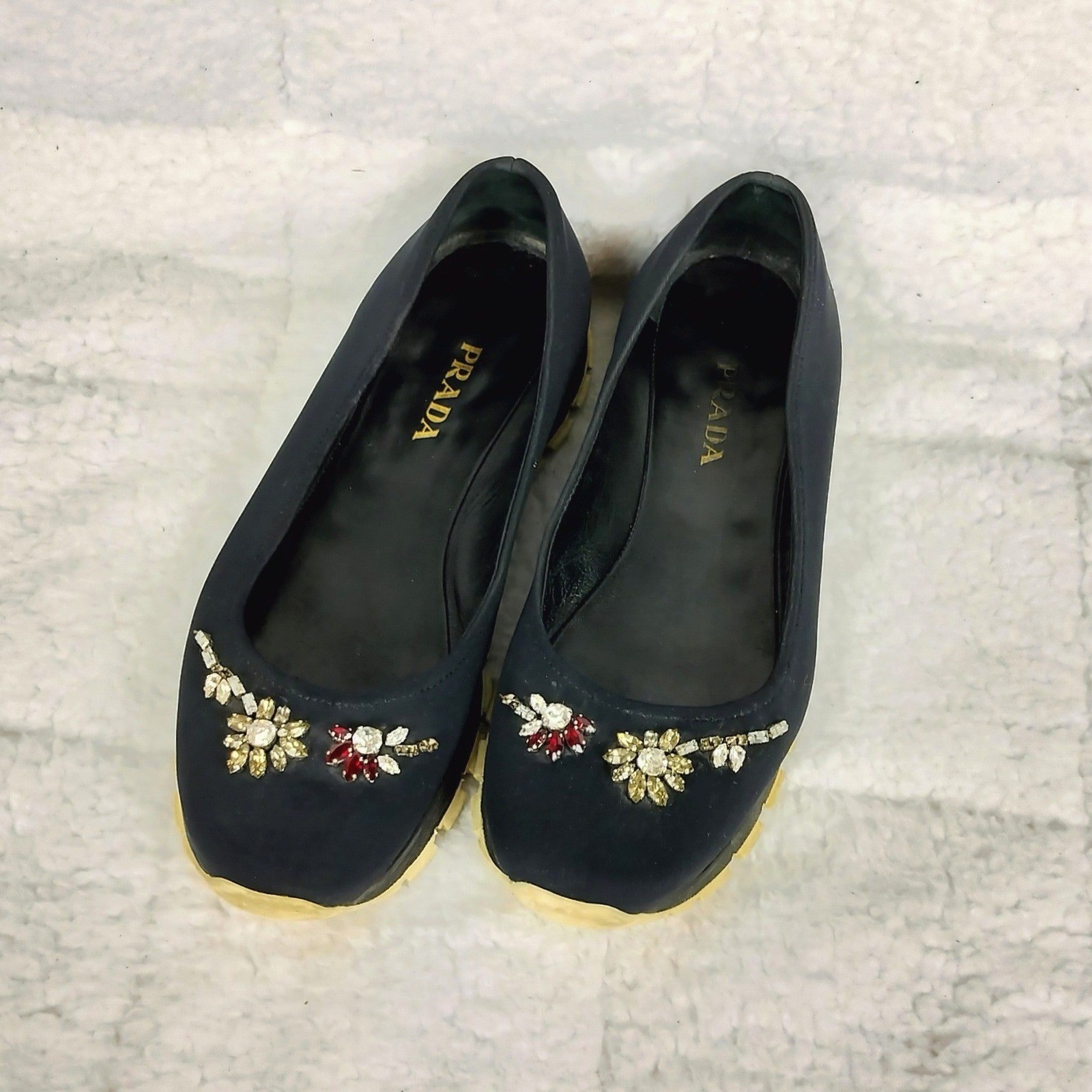 Vintage Prada Crystal Rhinestone Embellished Nylon Lug Sole Ballet Flats Navy