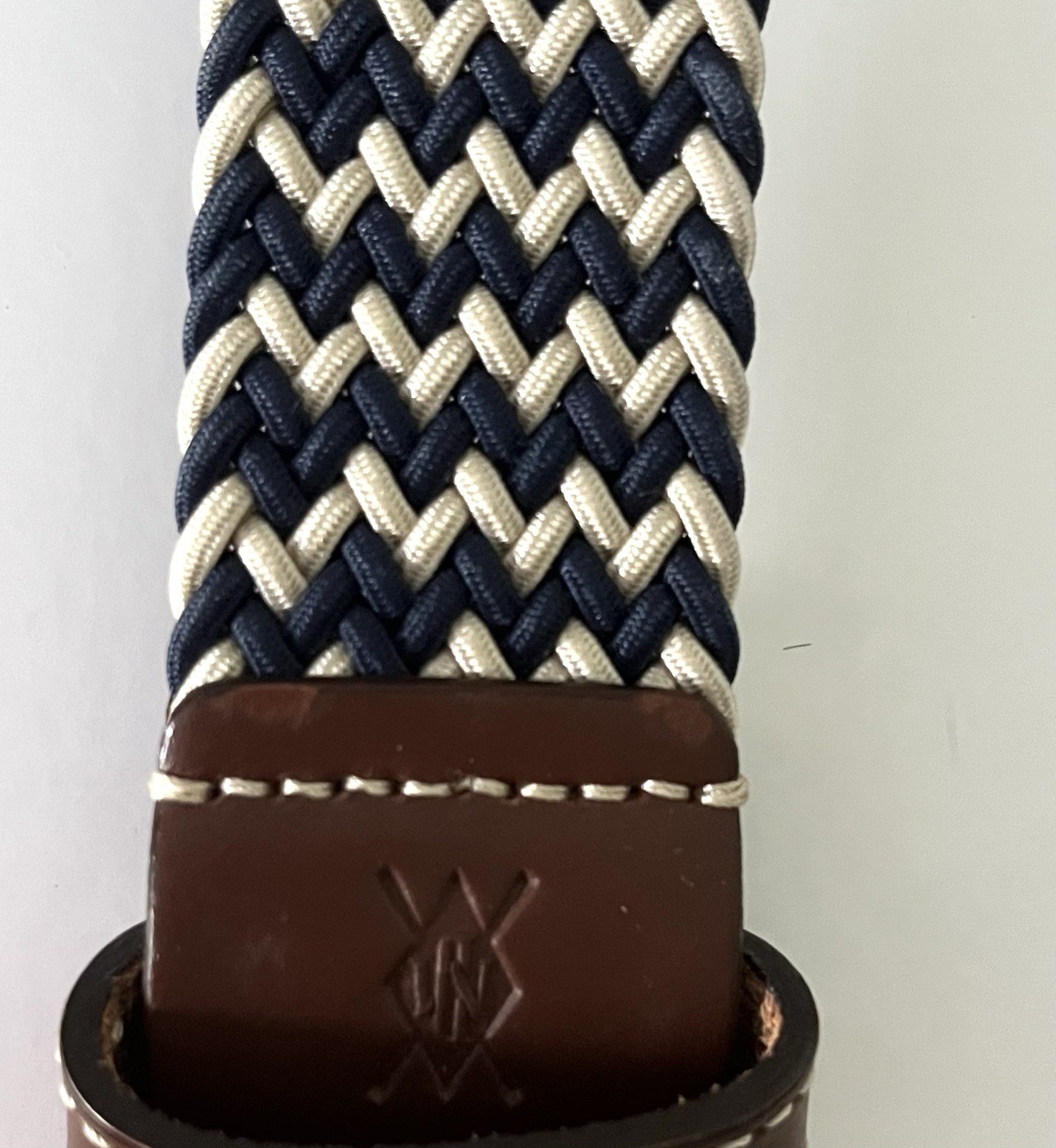 Martin Dingman Leather End Belt Beige Navy Tan Braided Woven Rope Size 34