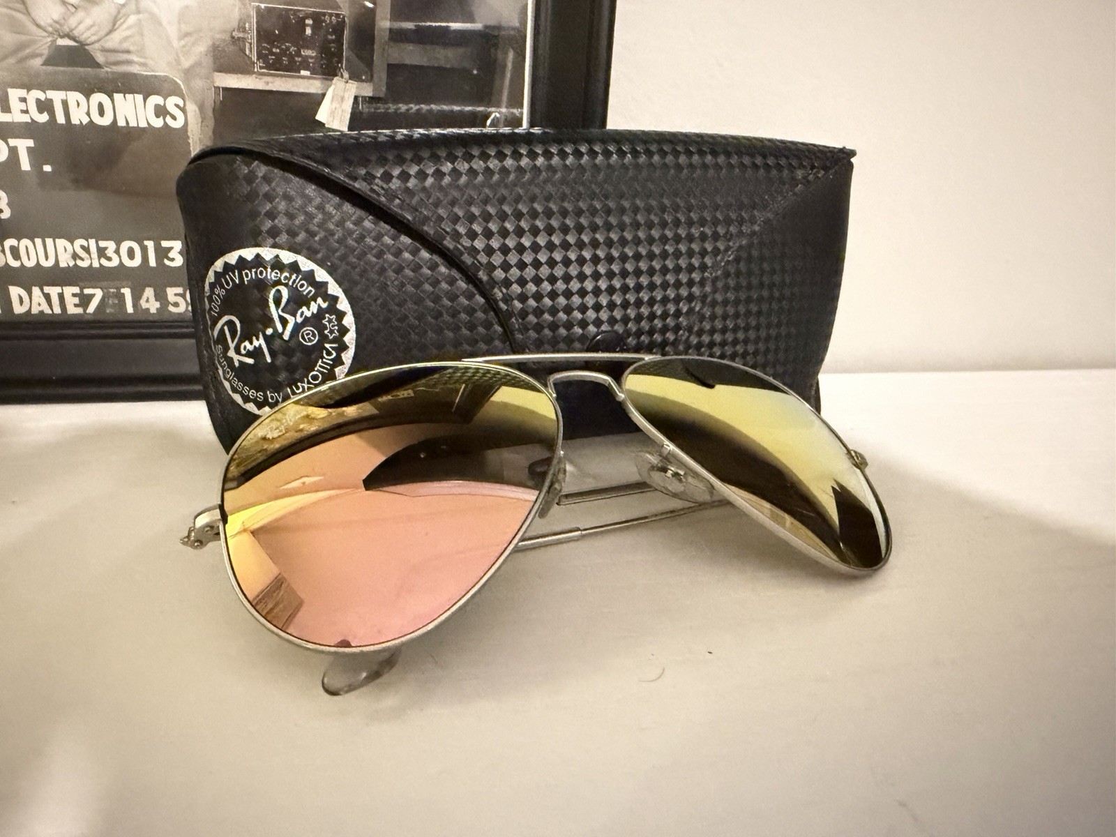 Ray-Ban Men’s Aviator Sunglasses Silver Metal Frame RoseGold Mirrored Glass Lens