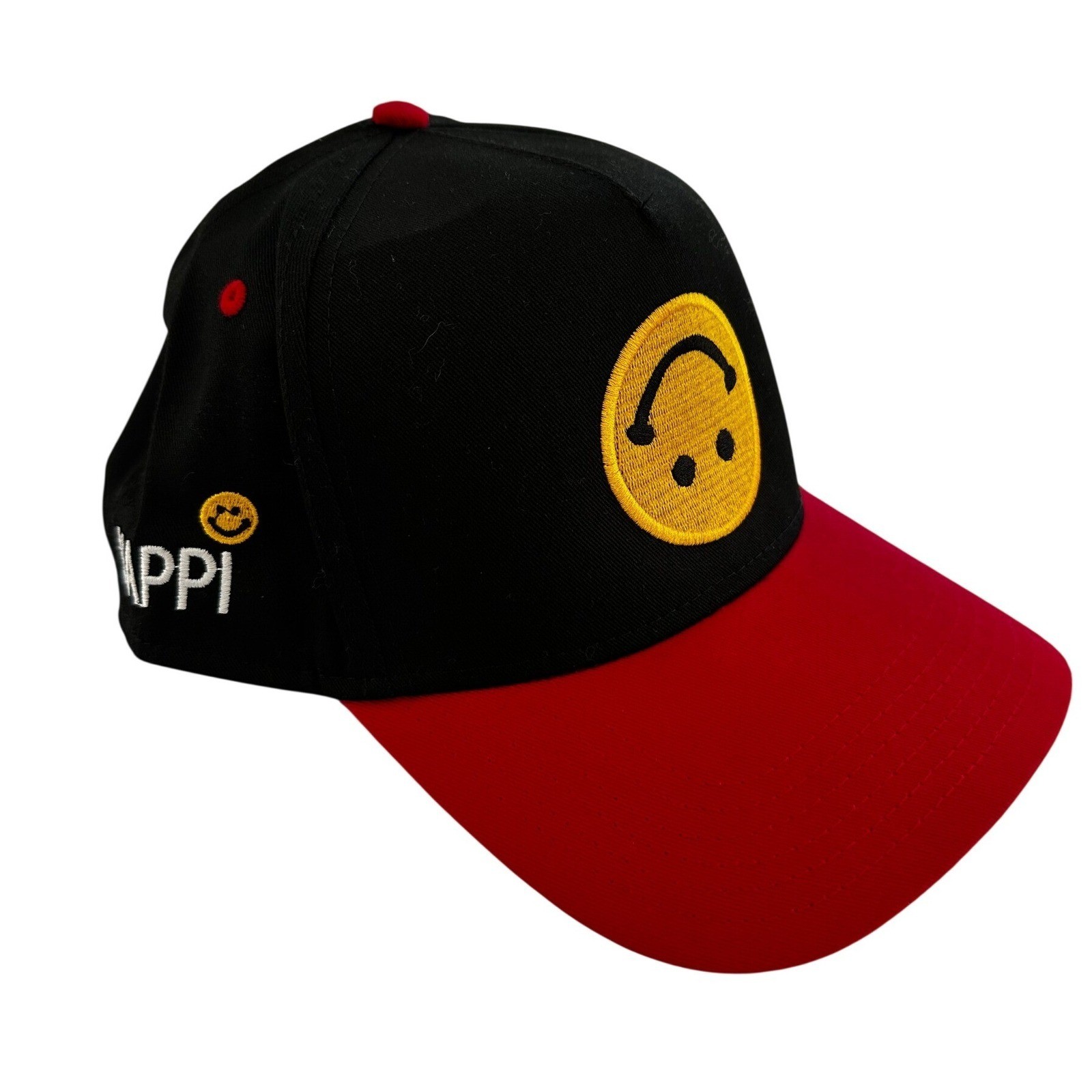 Otto Happi Snapback Hat Black Red Upside Down Smiley Face Baseball Cap