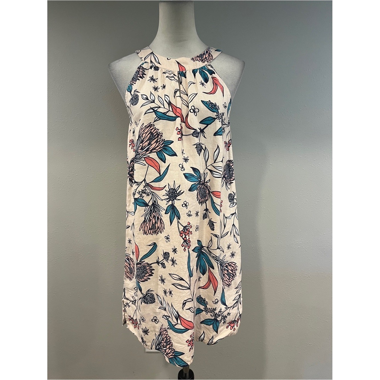 Rachel Ashwell Sleeveless Floral Halter Dress in Cream with Teal & Coral Accents