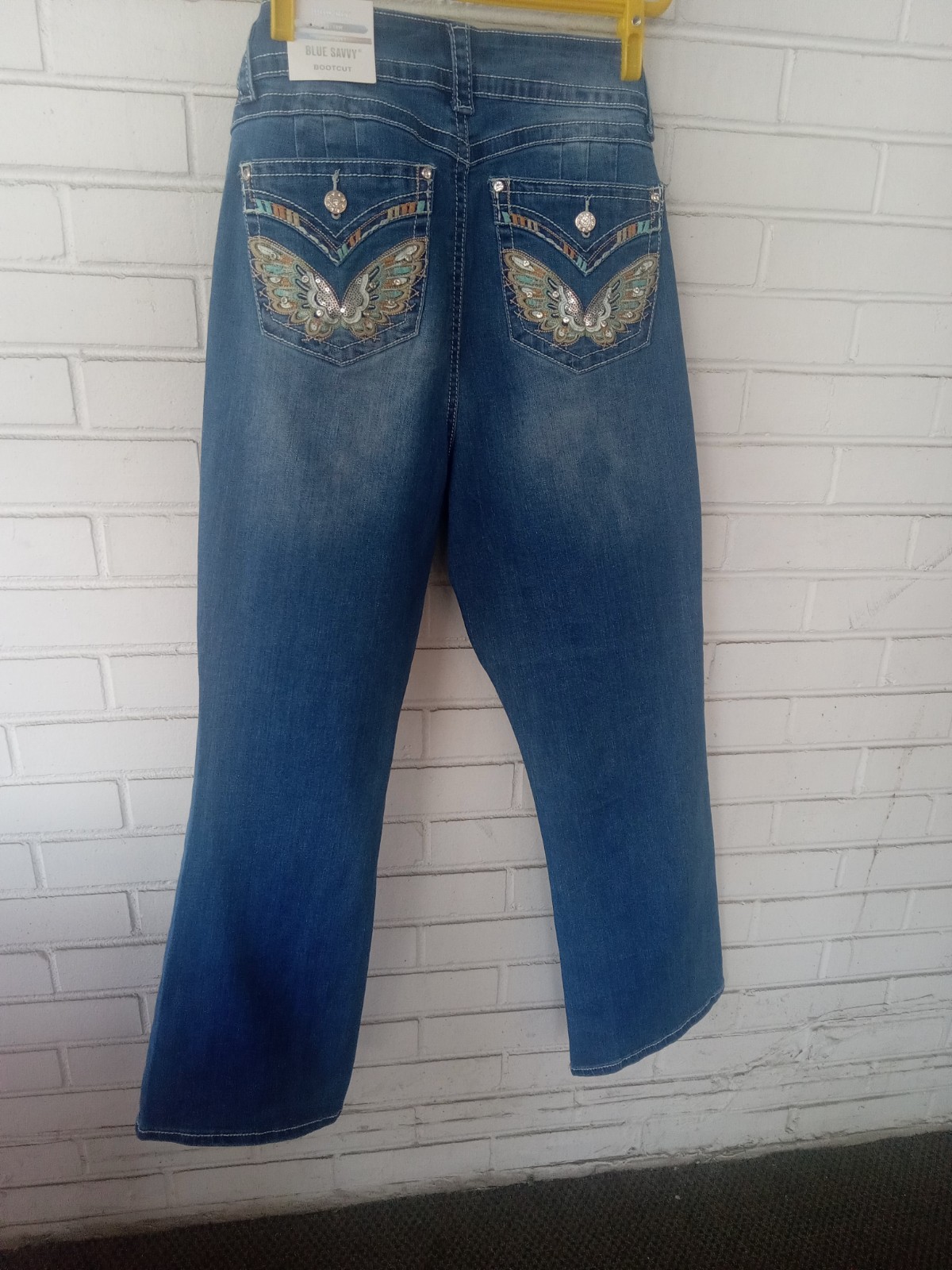 Blue Savvy High Rise Bootcut Jeans Embroidered Rhinestone Stretch Denim Sz 16w