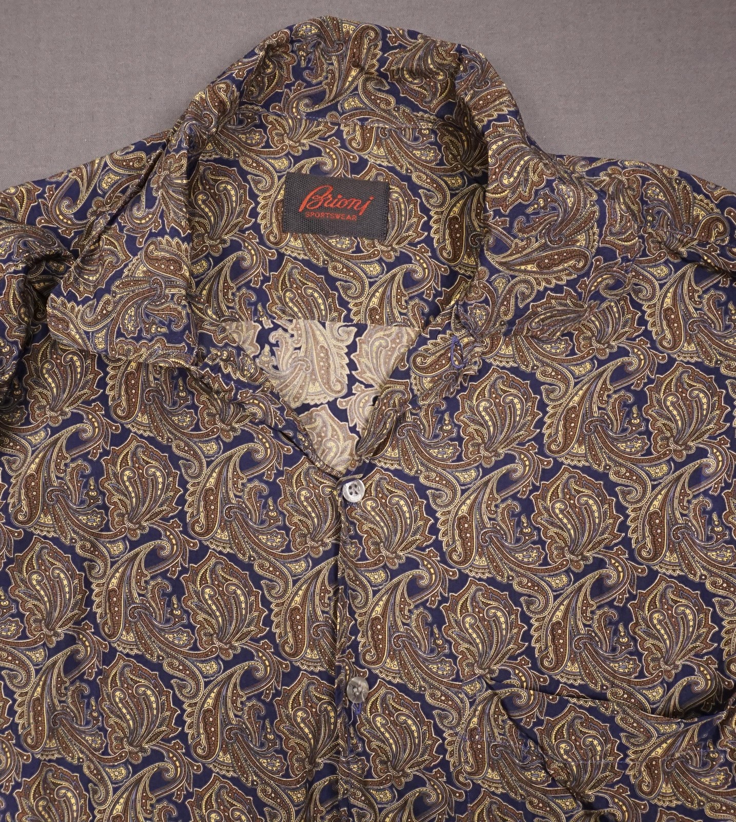 Brioni Shirt Mens Medium Blue Paisley Short Sleeve Rayon Cupro Button Up Italy