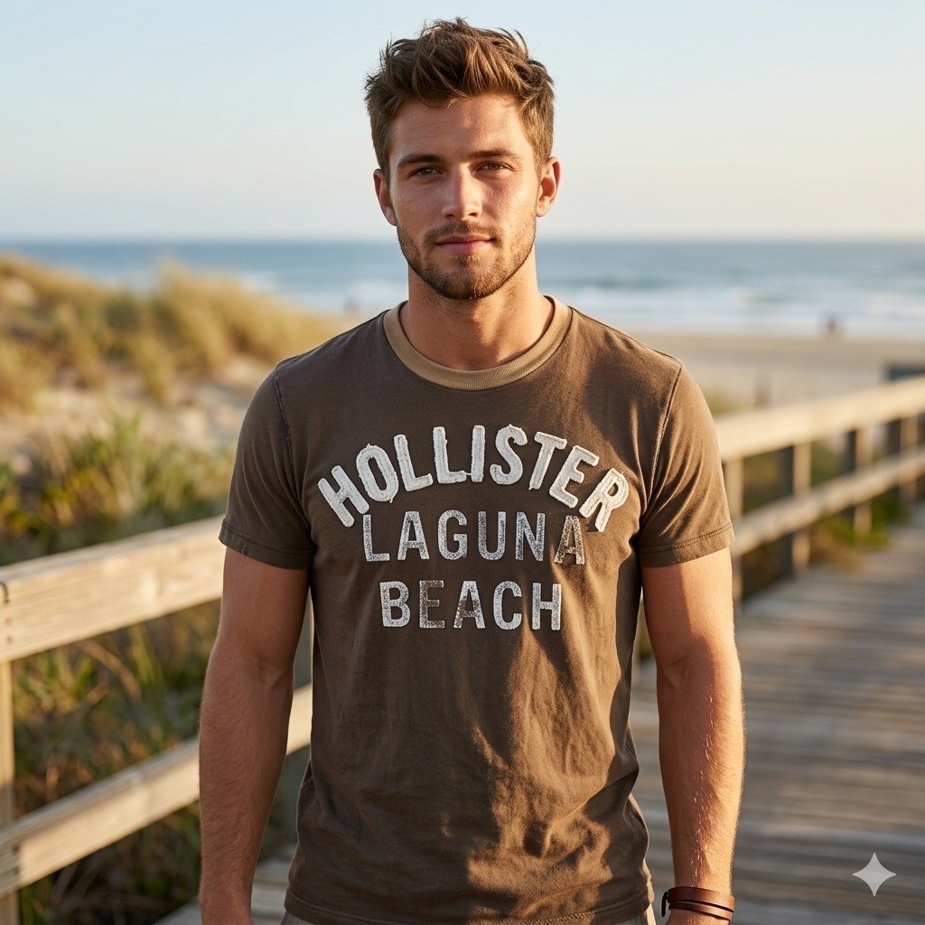 Hollister Mens Size Large Laguna Beach T-Shirt Brown Distressed Graphic Y2K Surf