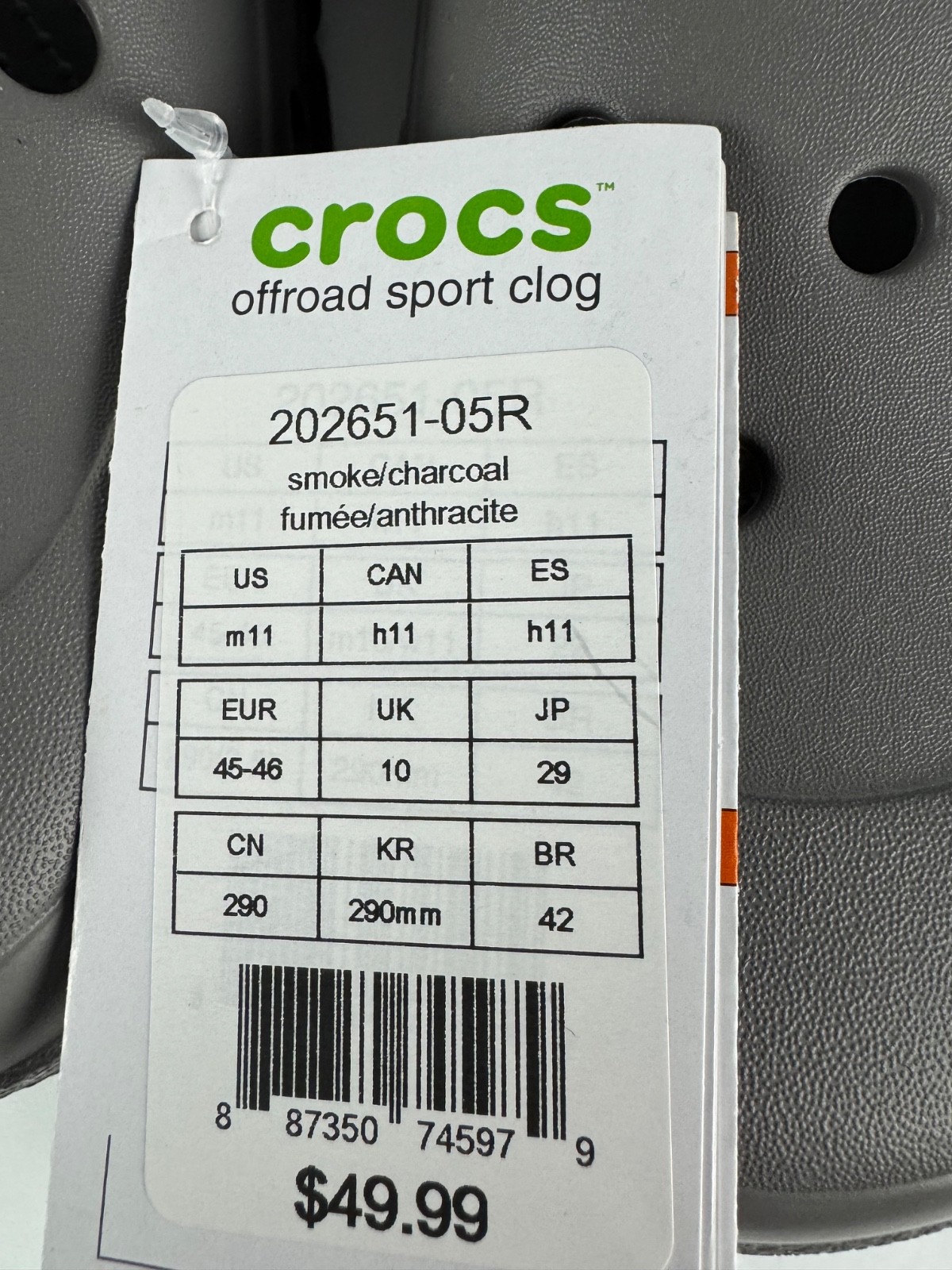 Crocs Offroad Sport Clog- Adjustable Heel-202651-05R-Smoke/Charcoal-Unisex Sizes
