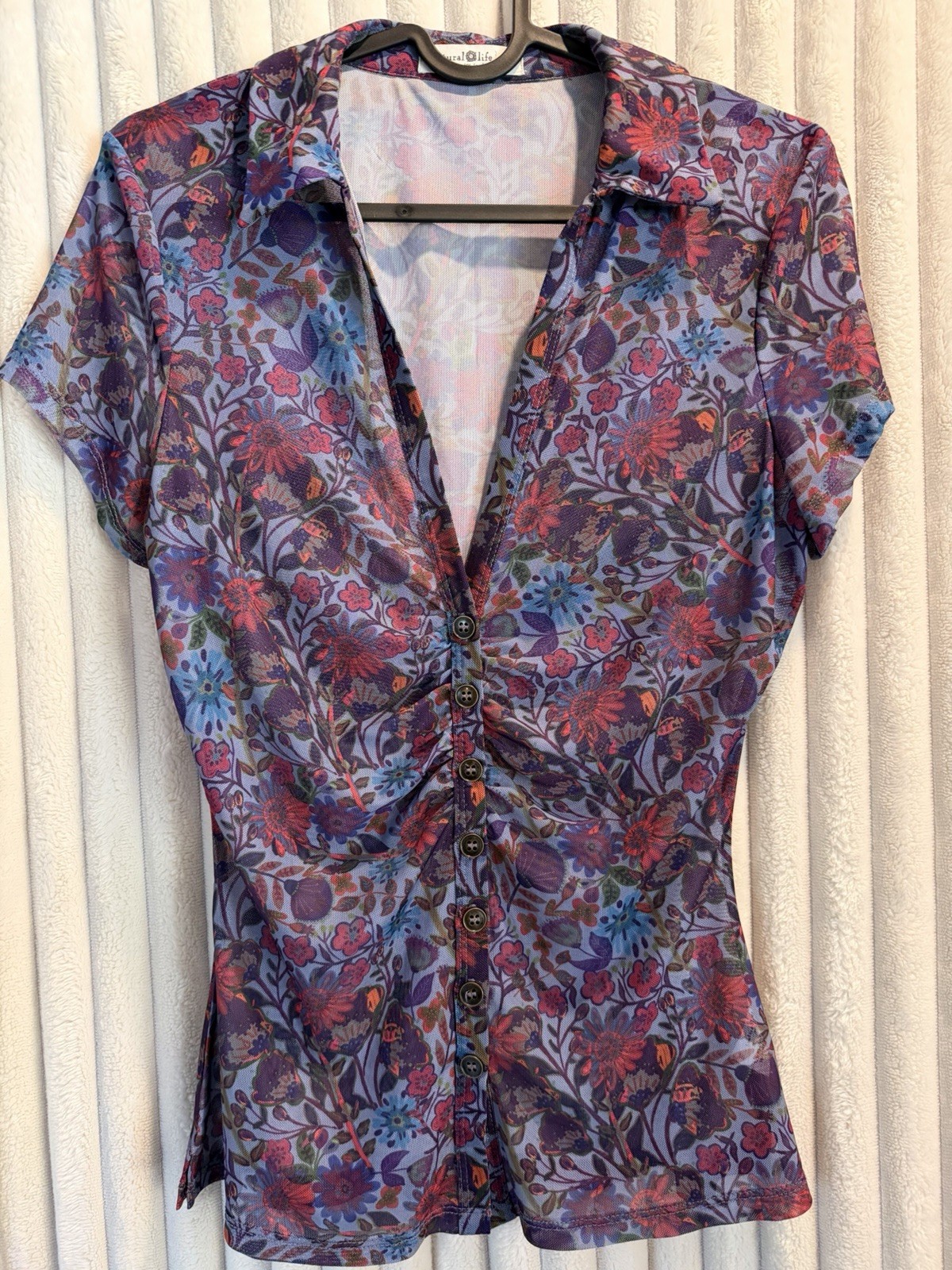 Natural Life Women’s M Floral Mesh Sheer Button V-Neck Cap Sleeve