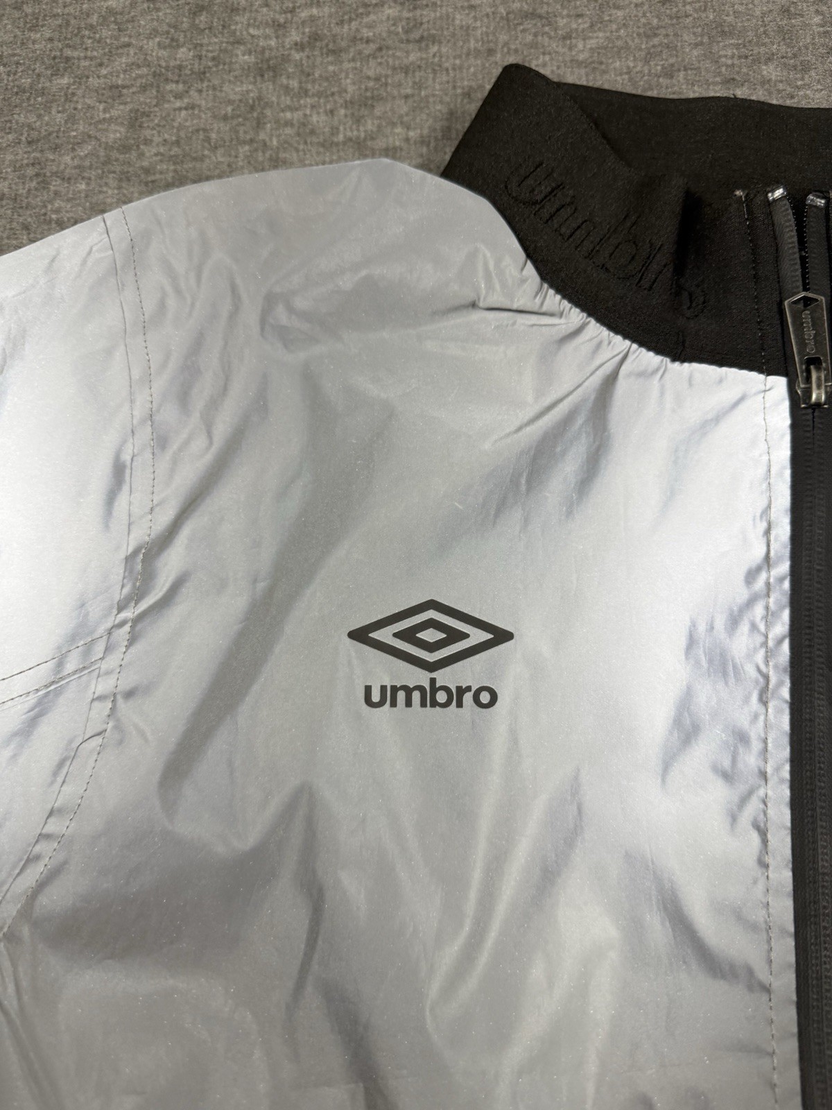 Umbro Premier Silver Reflective Full Zip Jacket Size S Iridescent Bomber Style