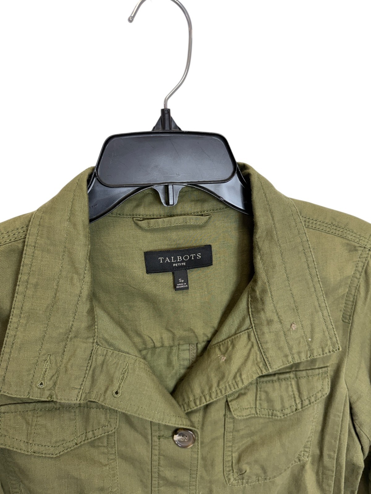Talbots jacket sz Sp olive green military utilitarian safari cotton linen blend