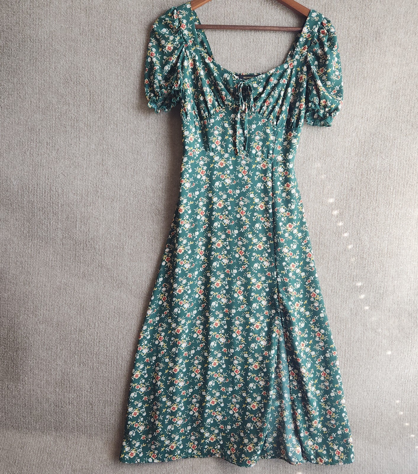Hesperus Green Ditsy Floral Milkmaid Midi Dress Cottagecore Puff Sleeve Small