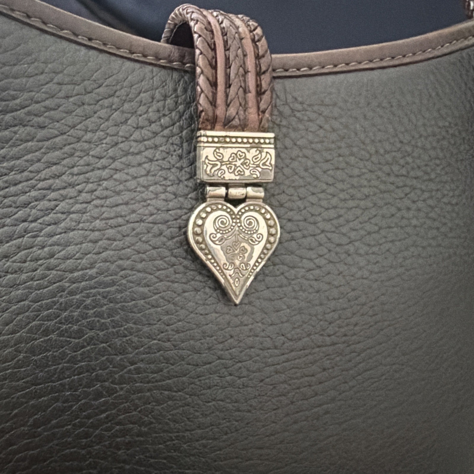 Vintage Brighton Black Brown Leather Shoulder Bag Braided Strap Heart Charm