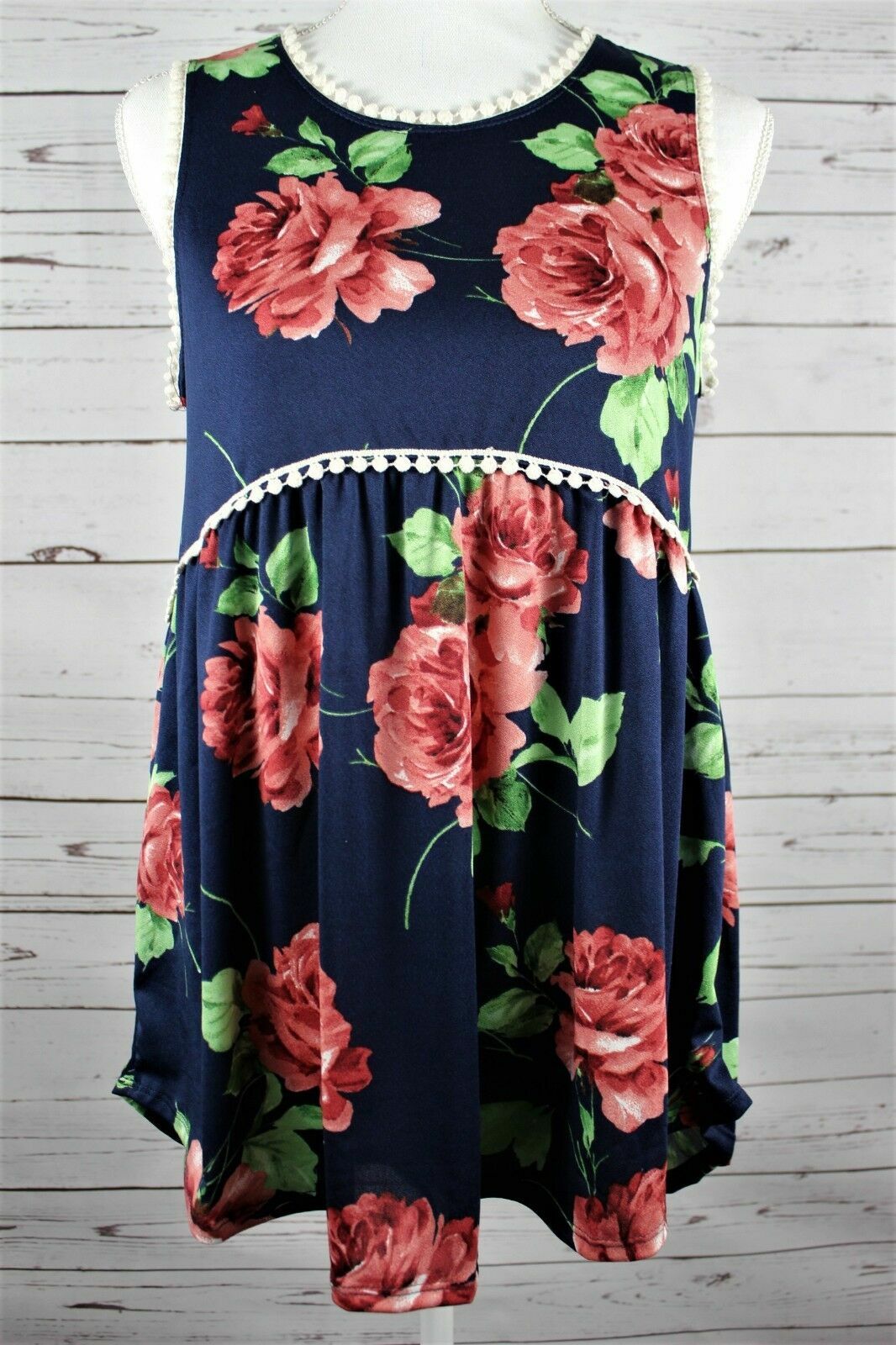 White Birch Navy Pink Floral Babydoll Crochet Trim Tank Knit Boutique Top S M L