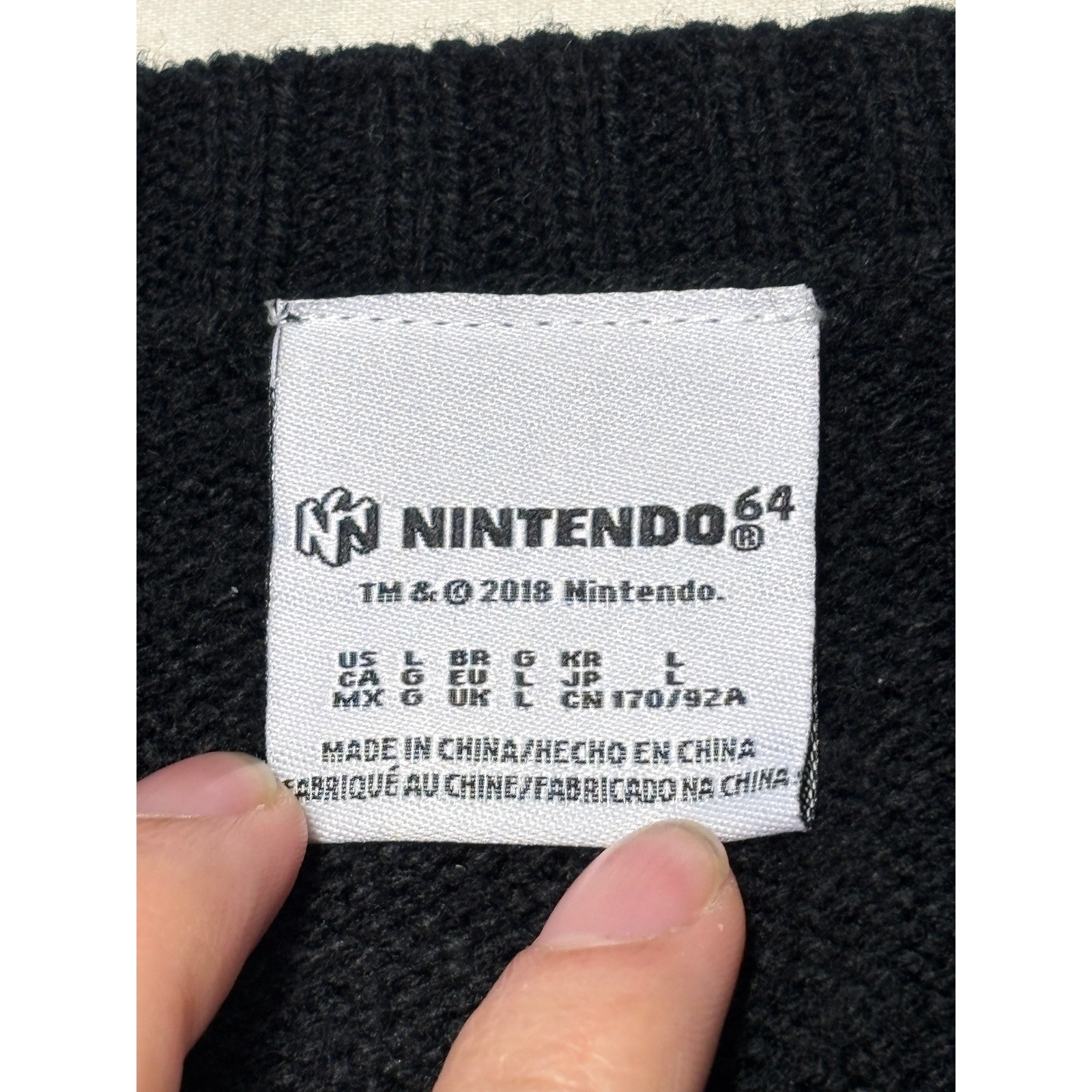 Nintendo 64 Retro Logo Knit Sweater Black Checkered Sleeve Womens Large N64