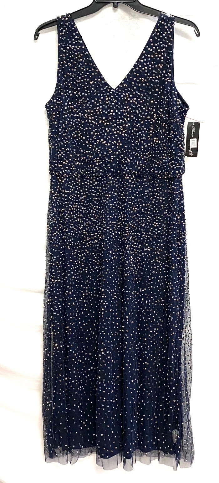 PISARRO NIGHTS Navy Copper Sequin Beaded Double V-Neck A-Line Maxi Gown Dress 14