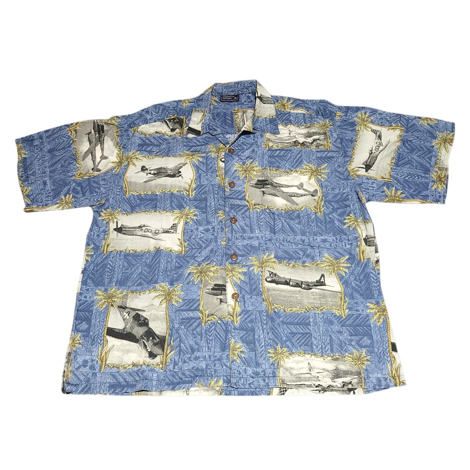 Sportsman Apparel | Men’s Vintage WWII Warbirds Blue Hawaiian Shirt | Size XL