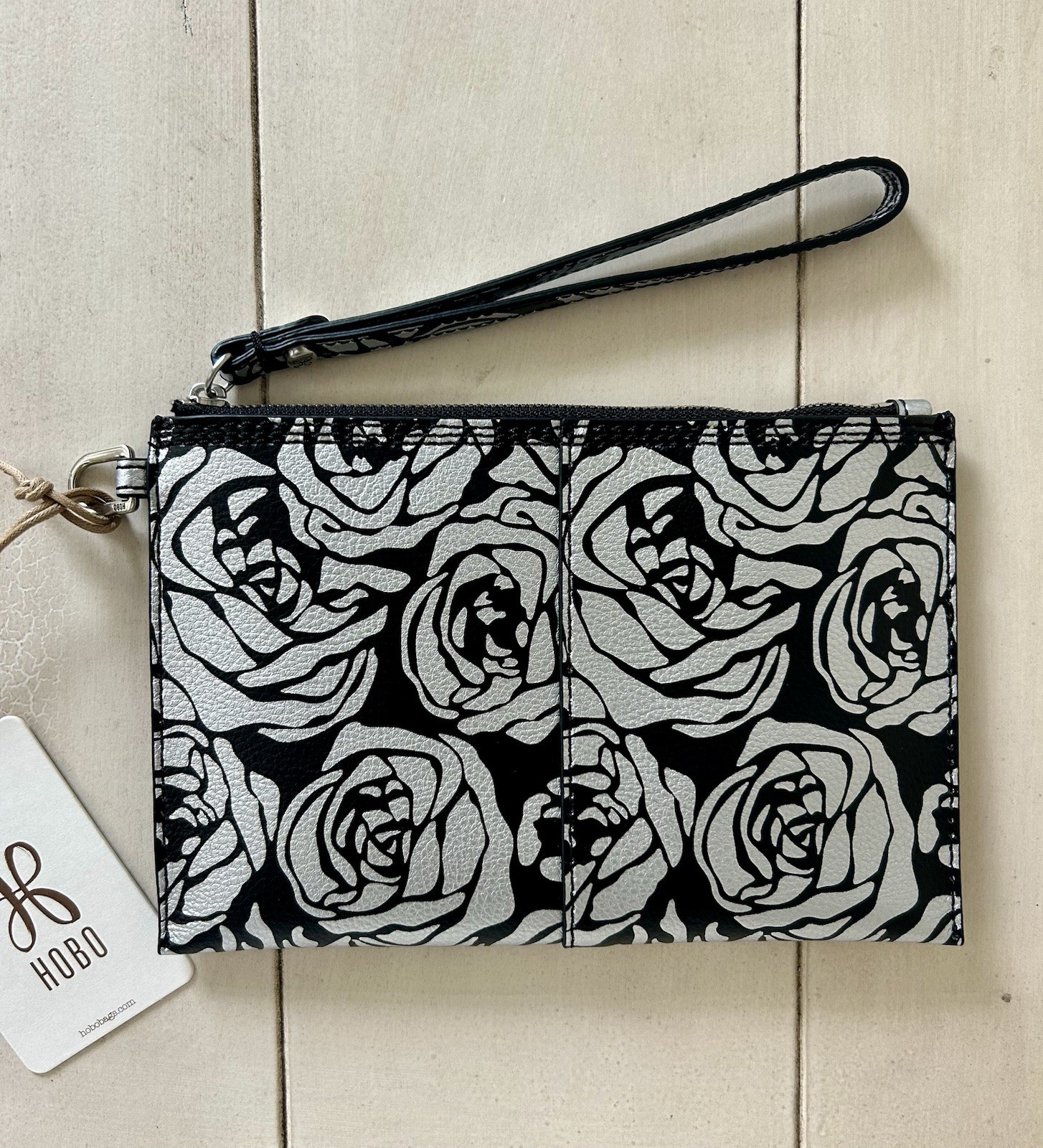 NWT HOBO Silver Rose Print Small Vida Wristlet Pouch Leather