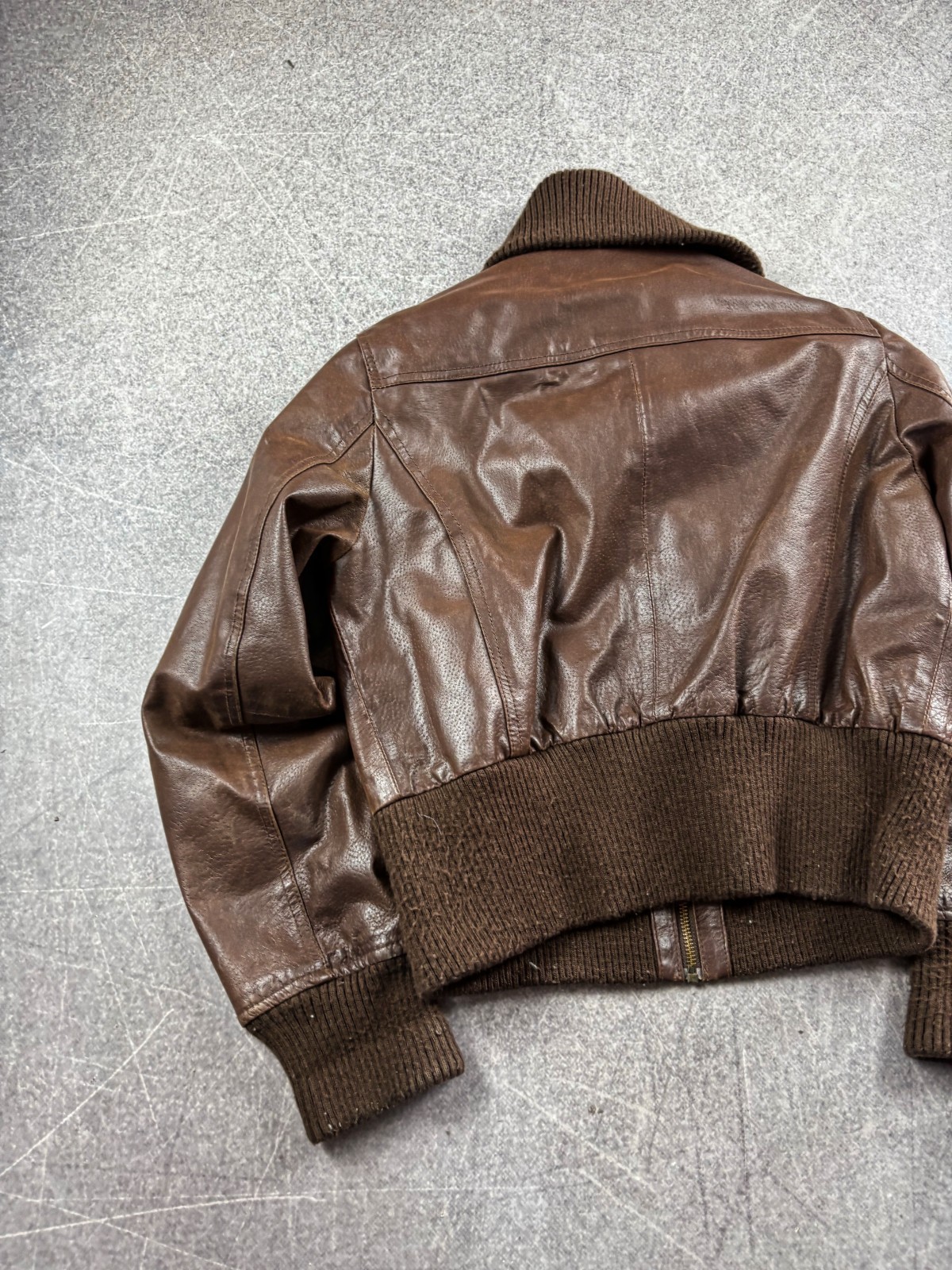 Vintage Brown Leather Bomber Jacket Cropped Aviator Pilot Y2K Genuine Leather