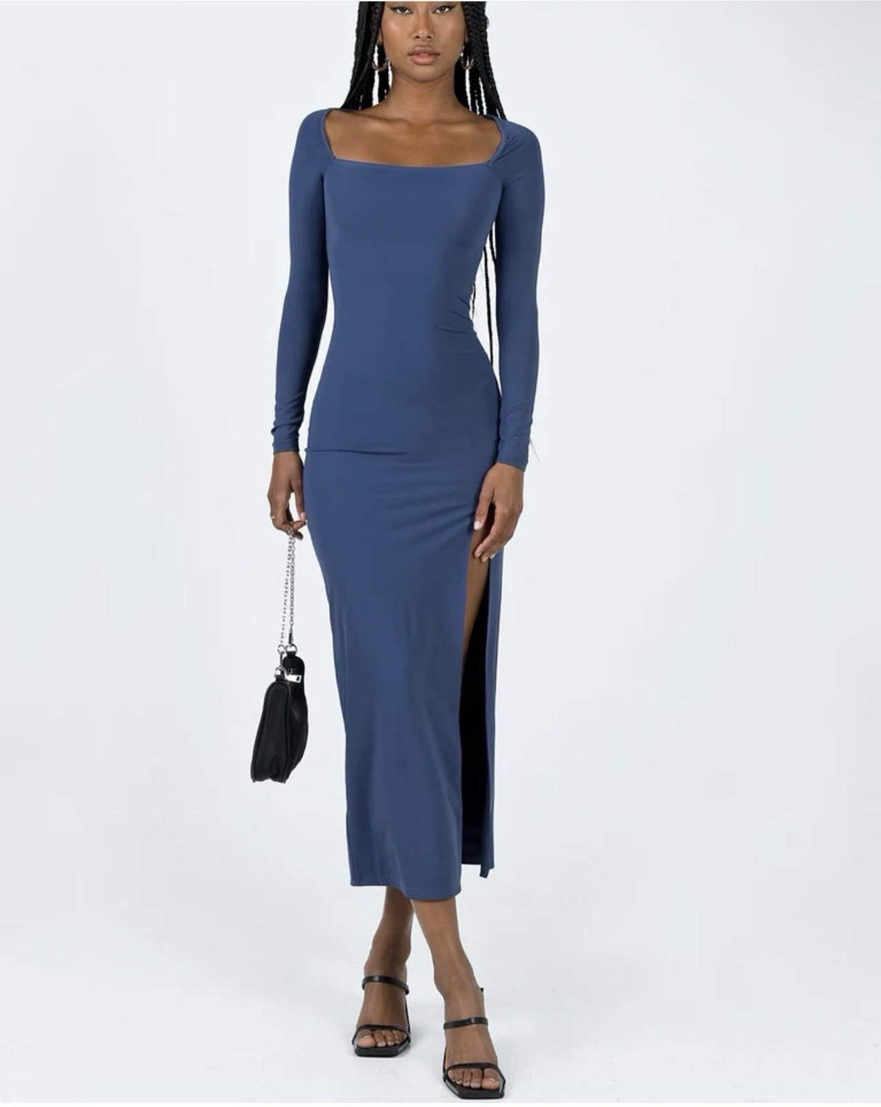 Princess Polly Women’s Blue Solid Maxi Bodycon Dress Square Neck Side Slit XS