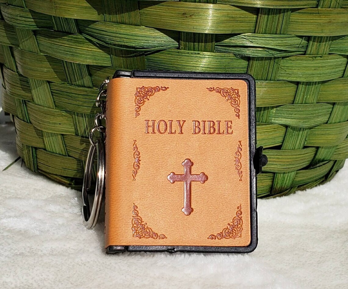 Leather Mini Bible Keychain, Orange Cover w/ Keyring, Jesus, Church, Christian