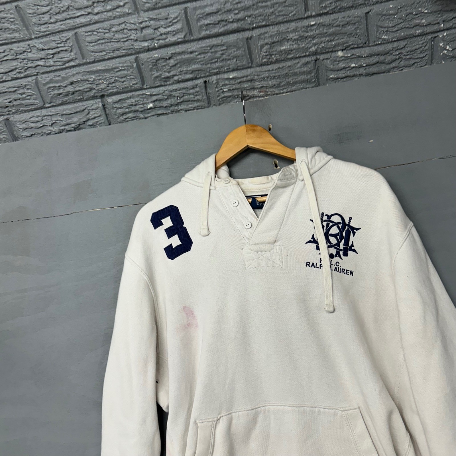Polo Ralph Lauren Mens White Hoodie 3-Button Placket Crest Logo XL 3816