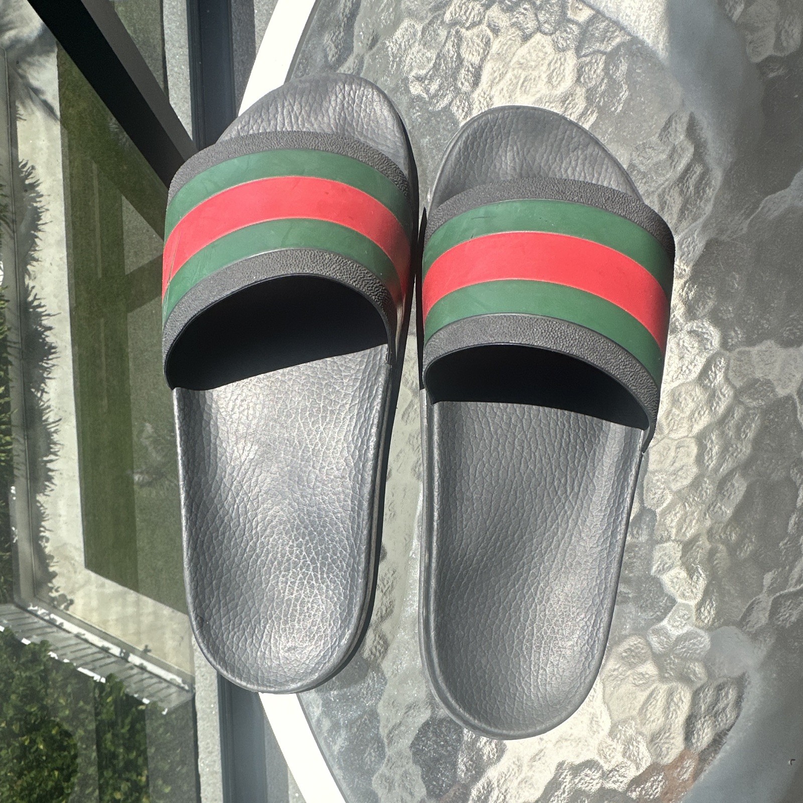 Gucci Men’s Black Slide Sandals Red & Green Web Stripe Logo Slip-On