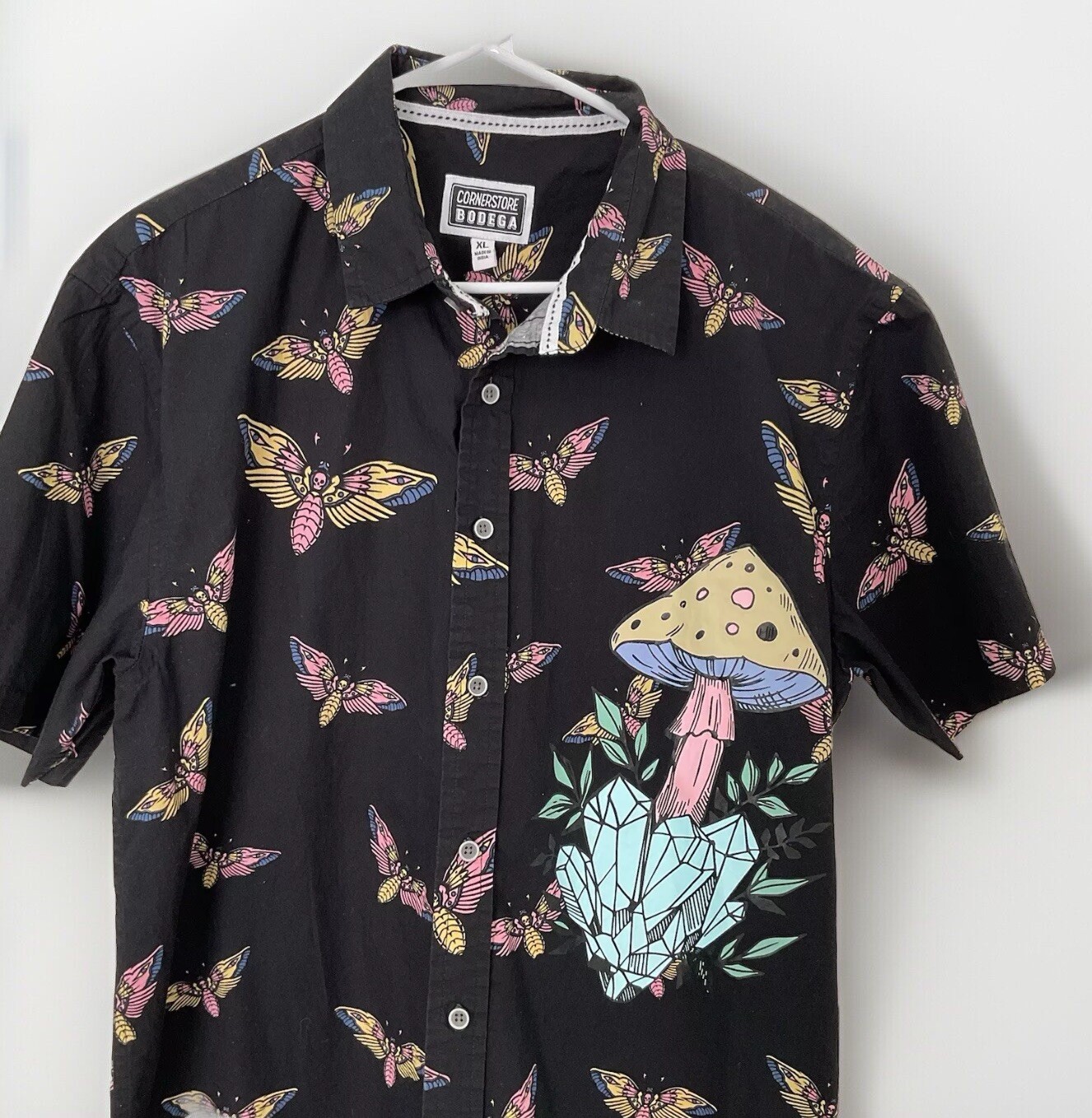 Corner Store Bodega Mushroom Skull Moth Button Up Short Sleeve Shirt XL