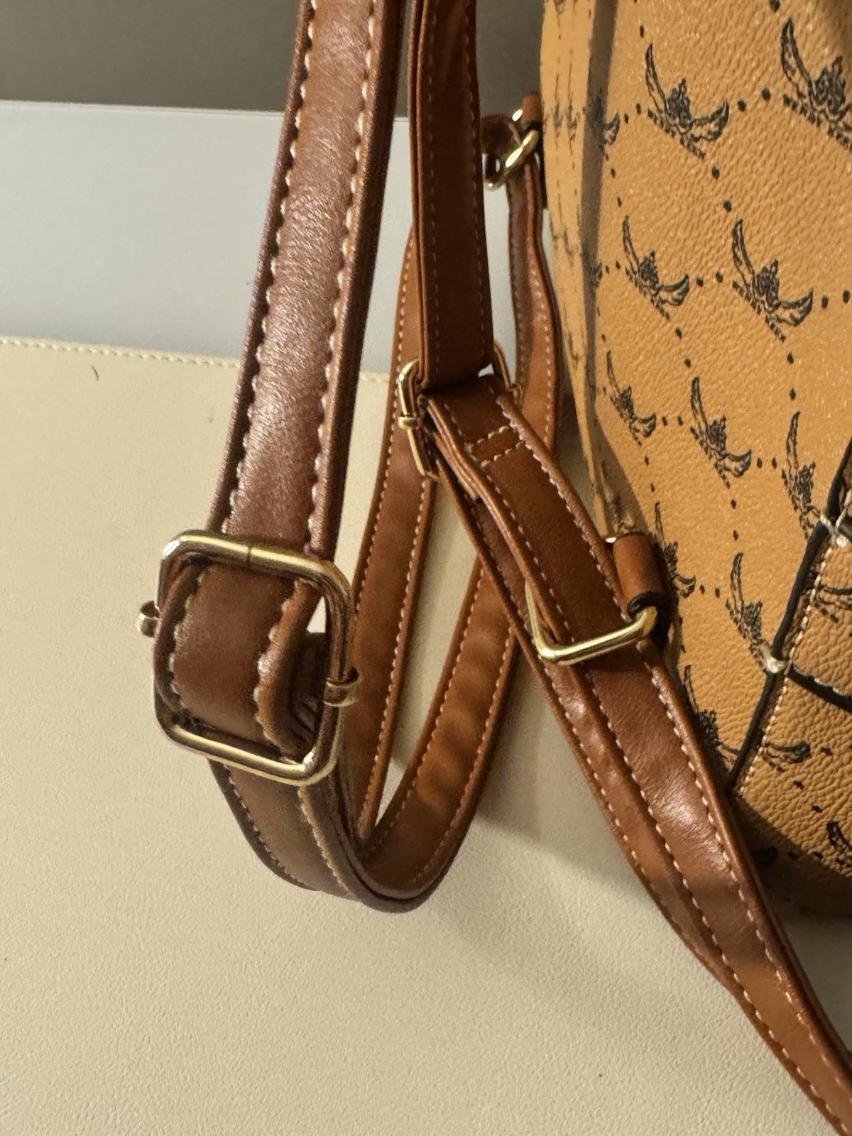 Wendy Keen Tan/Brown Logo Print Backpack w/ Zip, Pockets, Dust Bag