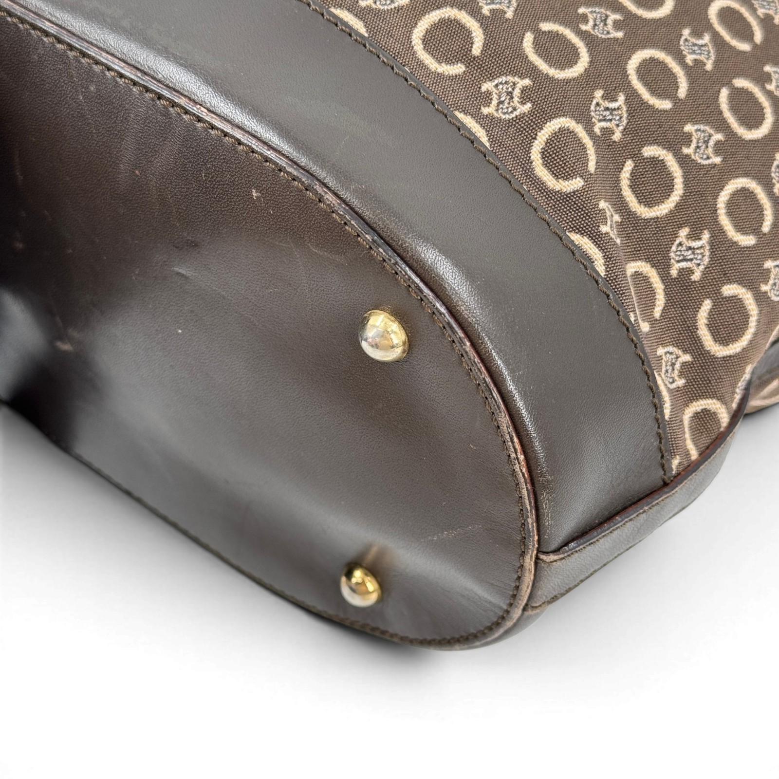 Auth Vintage CELINE C Macadam Pattern Tote Bag Canvas Leather Brown Purse
