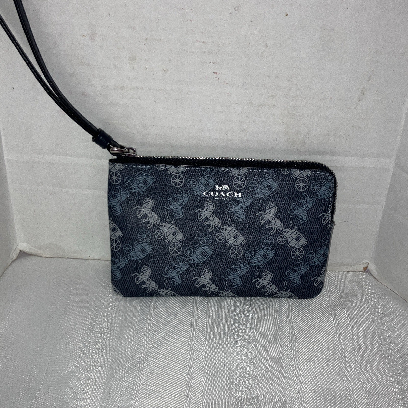 Coach Blue Logo Zip Wristlet Pouch Bag Small w/ Black Wrist Strap Silver HW