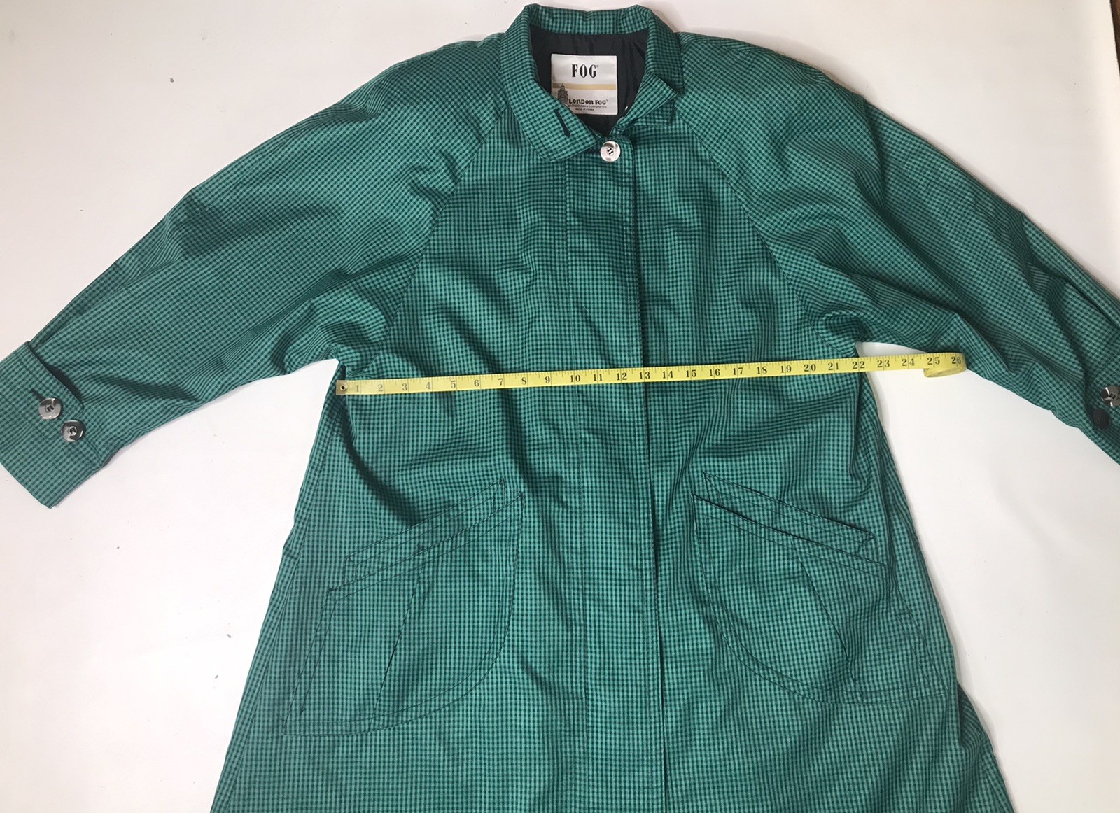 London Fog Green Black Plaid Trench Rain Coat Size 12 Reg