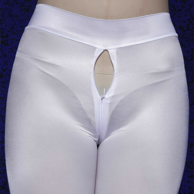Women/Lady Sheer Shiny Zipper Open Crotch Leggings Silky Trousers Pants Clubwear