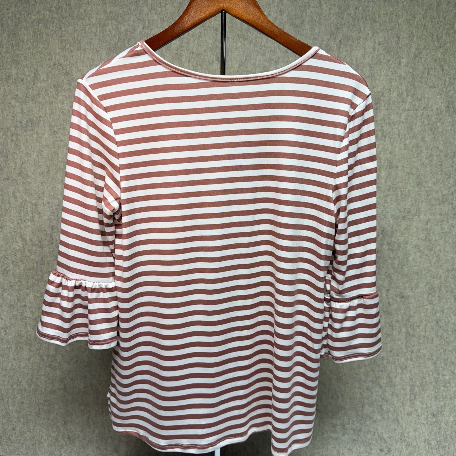 Lime n Chili Striped Top Small Mauve White 3/4 Ruffle Bell Sleeve Blouse Shirt