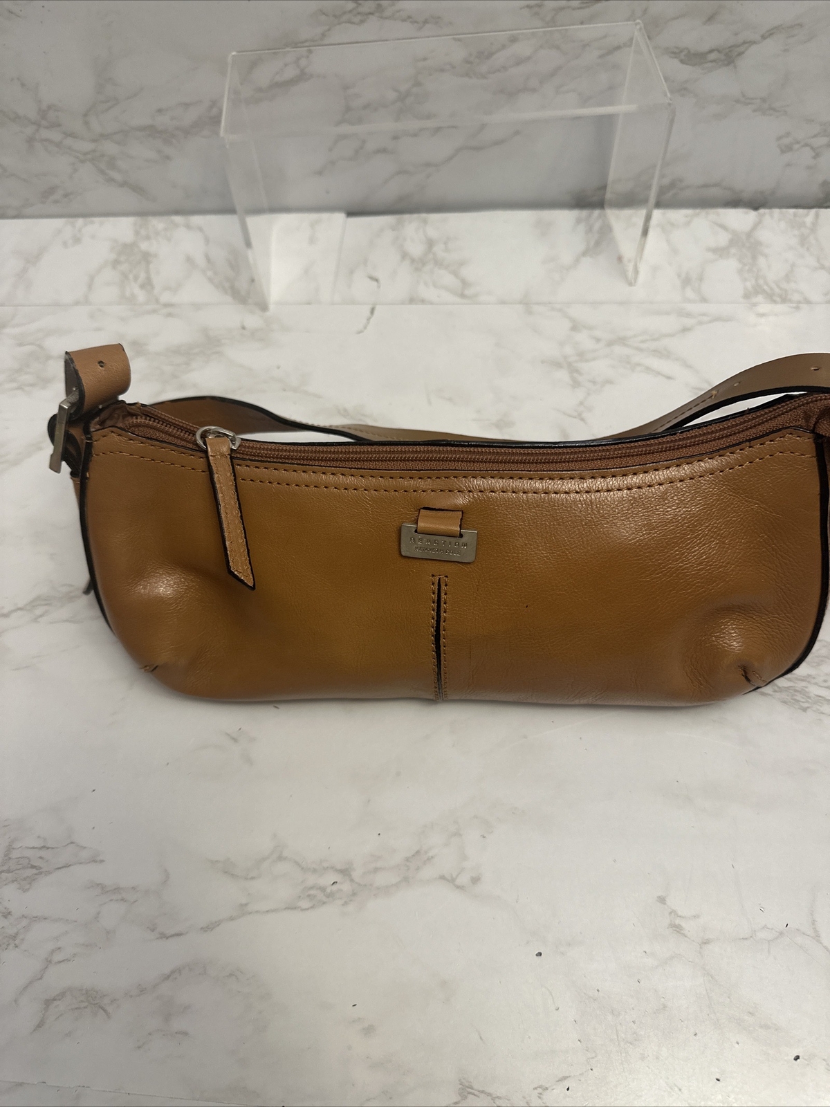 Kenneth Cole Reaction Brown PVC Corpotate Shoulder Bag Trim Baguette 5x11x3.5”