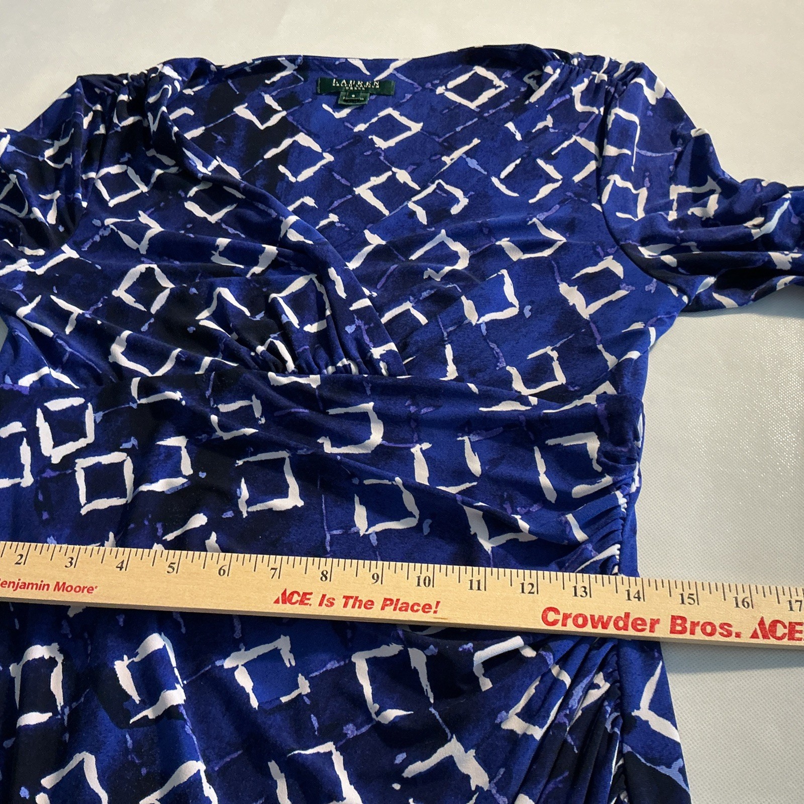 Lauren Ralph Lauren Blue White Geometric Faux Wrap Ruched Sheath Dress Size 8