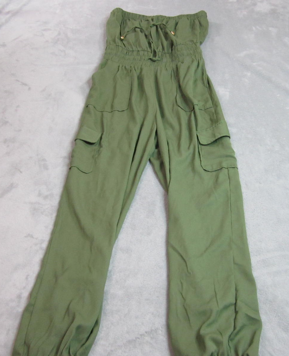 Hint of Blush Cargo Jumpsuit Women’s M Green Strapless Jogger Utility Romper