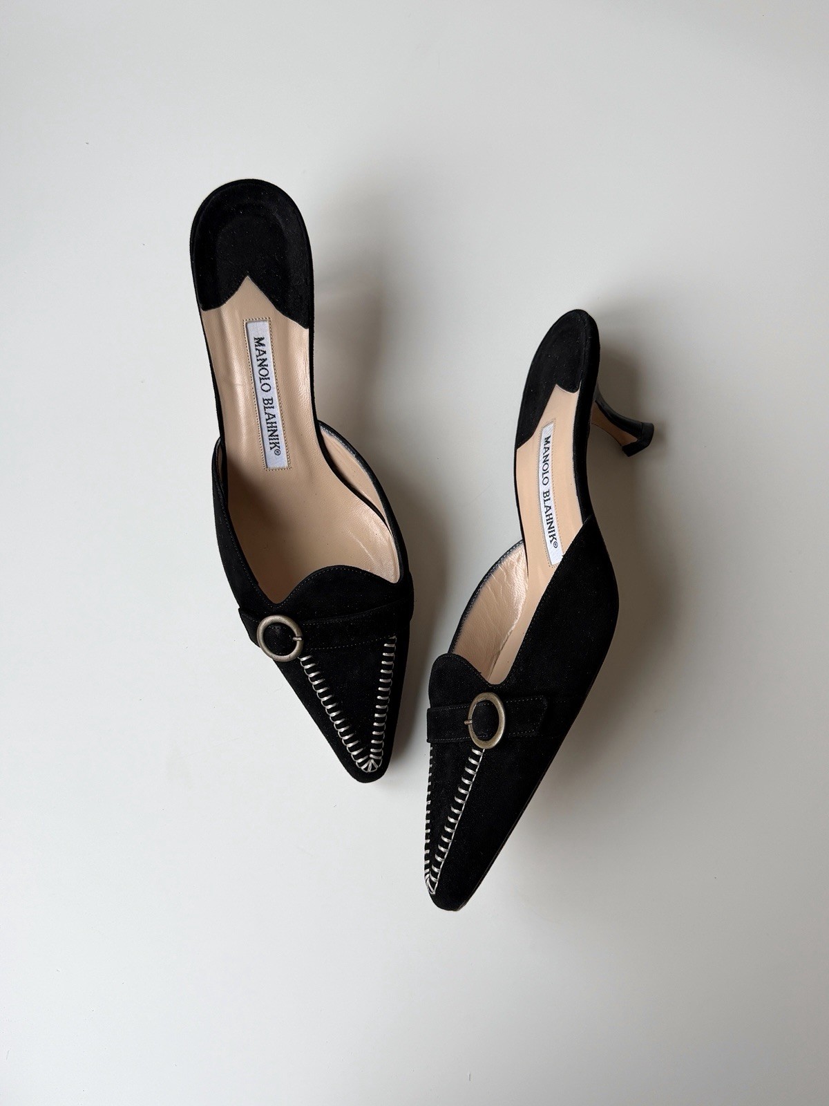 Manolo Blahnik vintage black suede mules, IT 38, ~ US 7.5-8, kitten heel: 2”