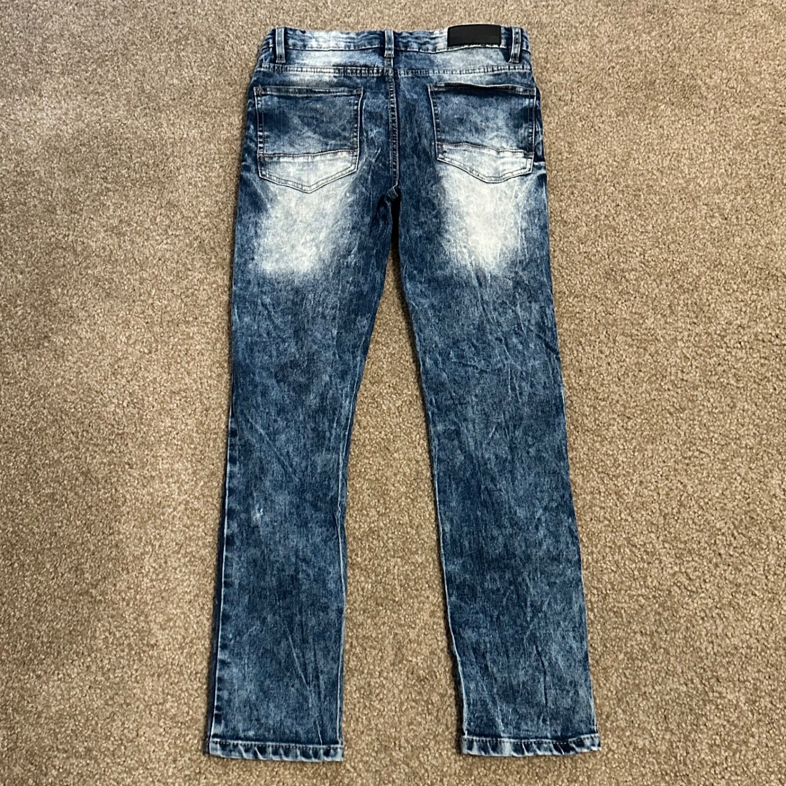 Mens Acid Wash Jeans Slim Fit Distressed Moto Biker Denim Size 32X30