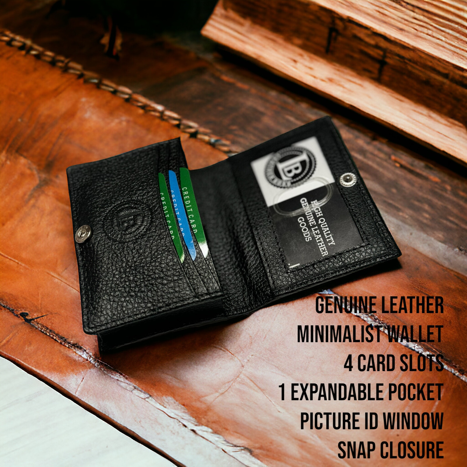 Leatherboss Leather Card Case Wallet with expandable pocket and snap closure