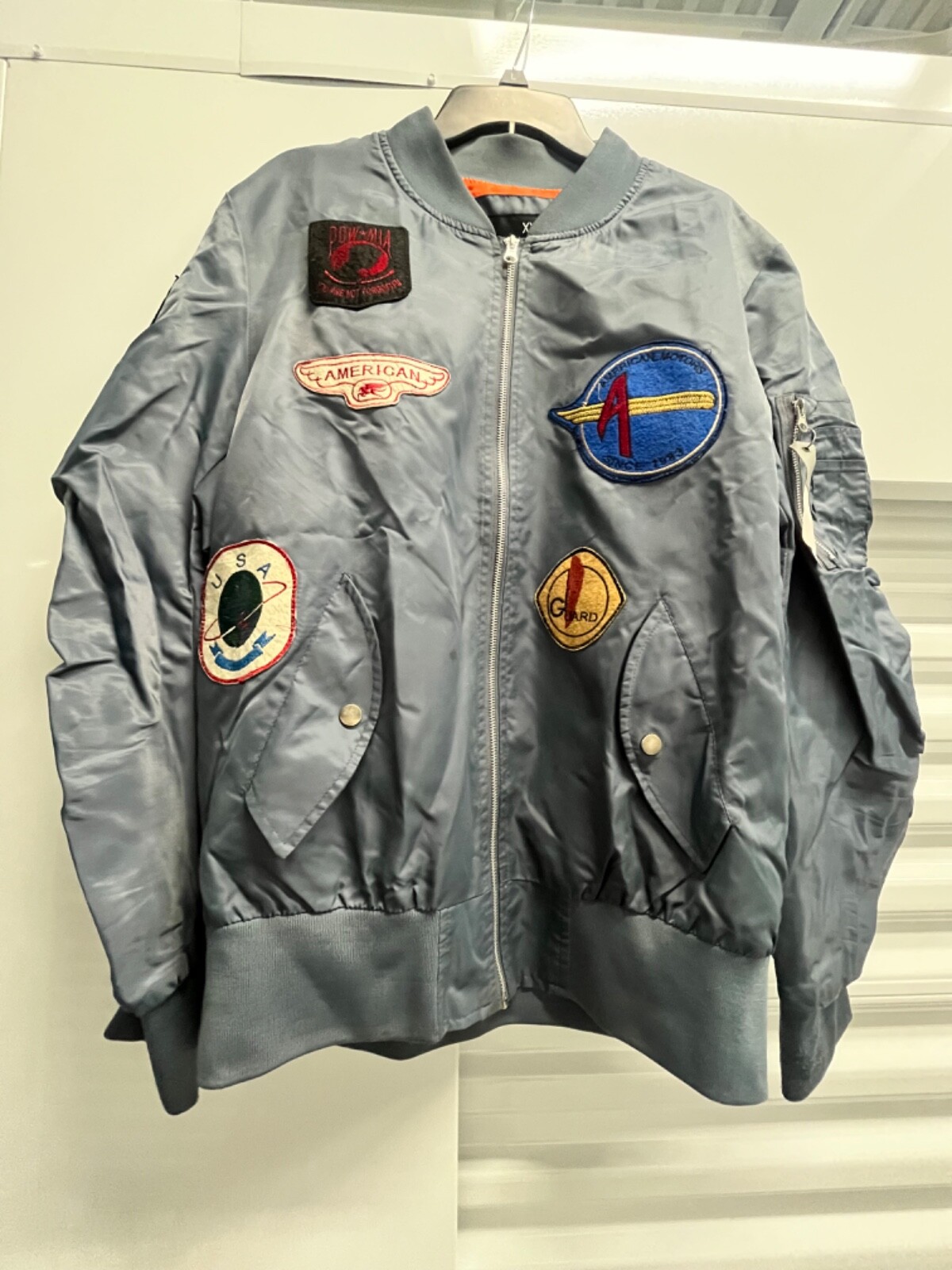 American Stitch, Gray Bomber Jacket Size 2x Patches All POW MIA Flight Zip A1.35