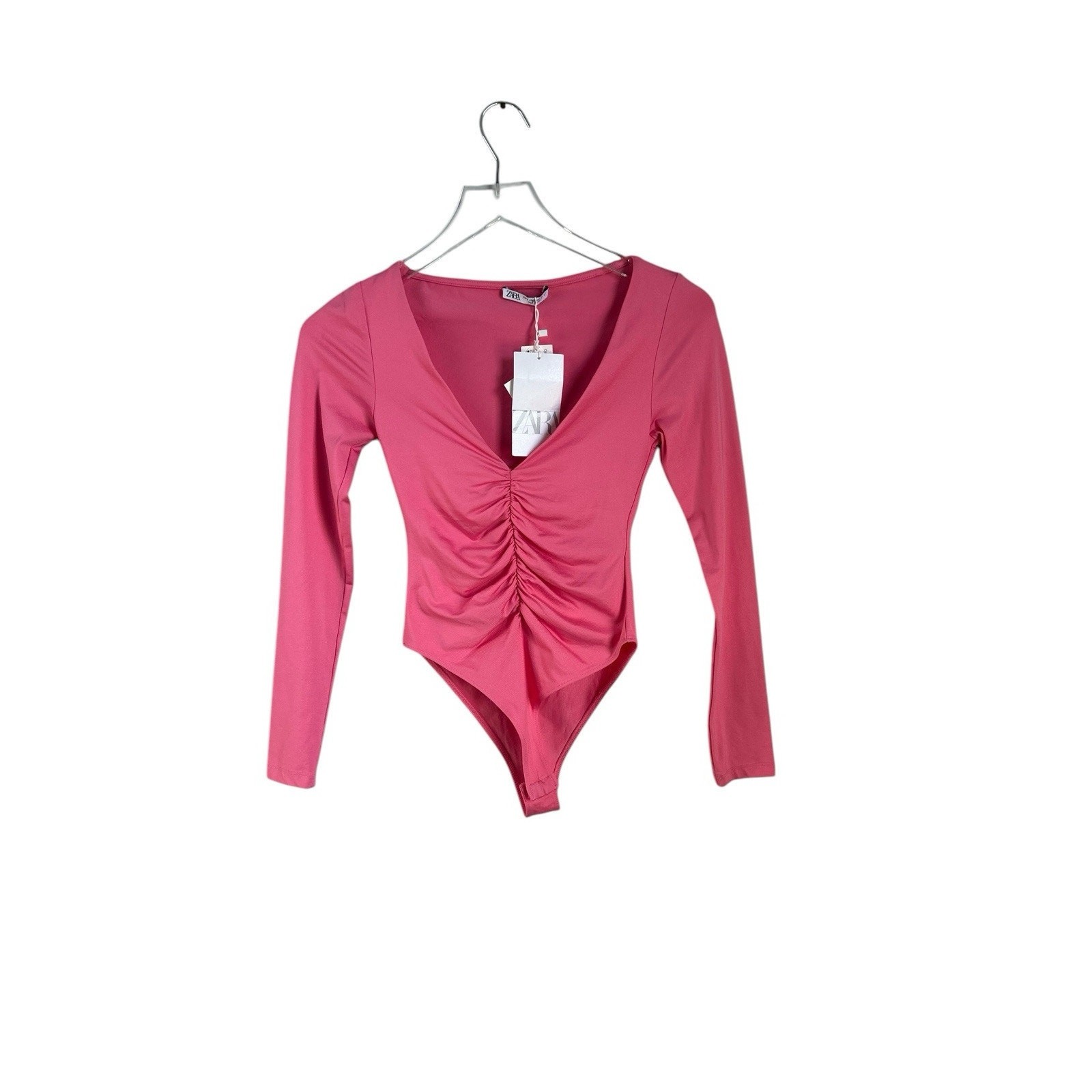 NWT Zara Ruched Effect Long Sleeve Thong Bodysuit Bright Pink Small Barbiecore