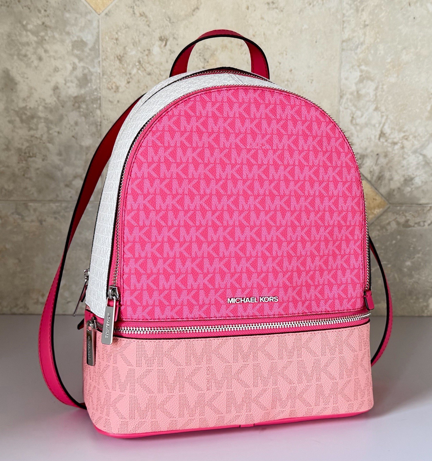 Michael Kors Rhea Medium Zip Backpack MK Color-Block Hibiscus Multi