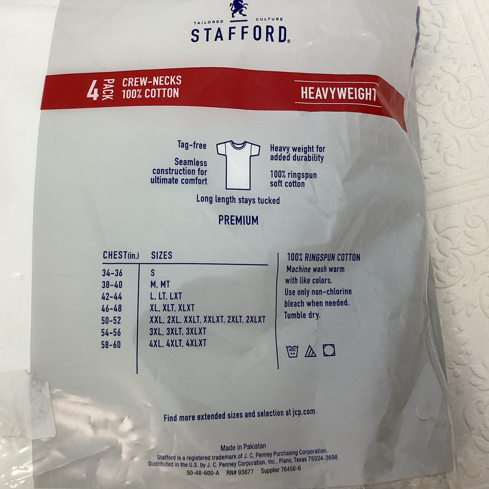 Stafford Heavyweight Premium Cotton White Crew Neck T-Shirts, 4 pack,Large, NEW