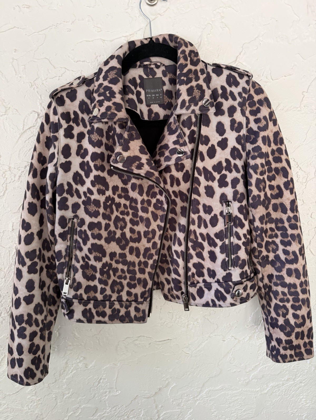 Primark Women’s Leopard Animal Print Biker Jacket Full Zip Collared Pockets 6