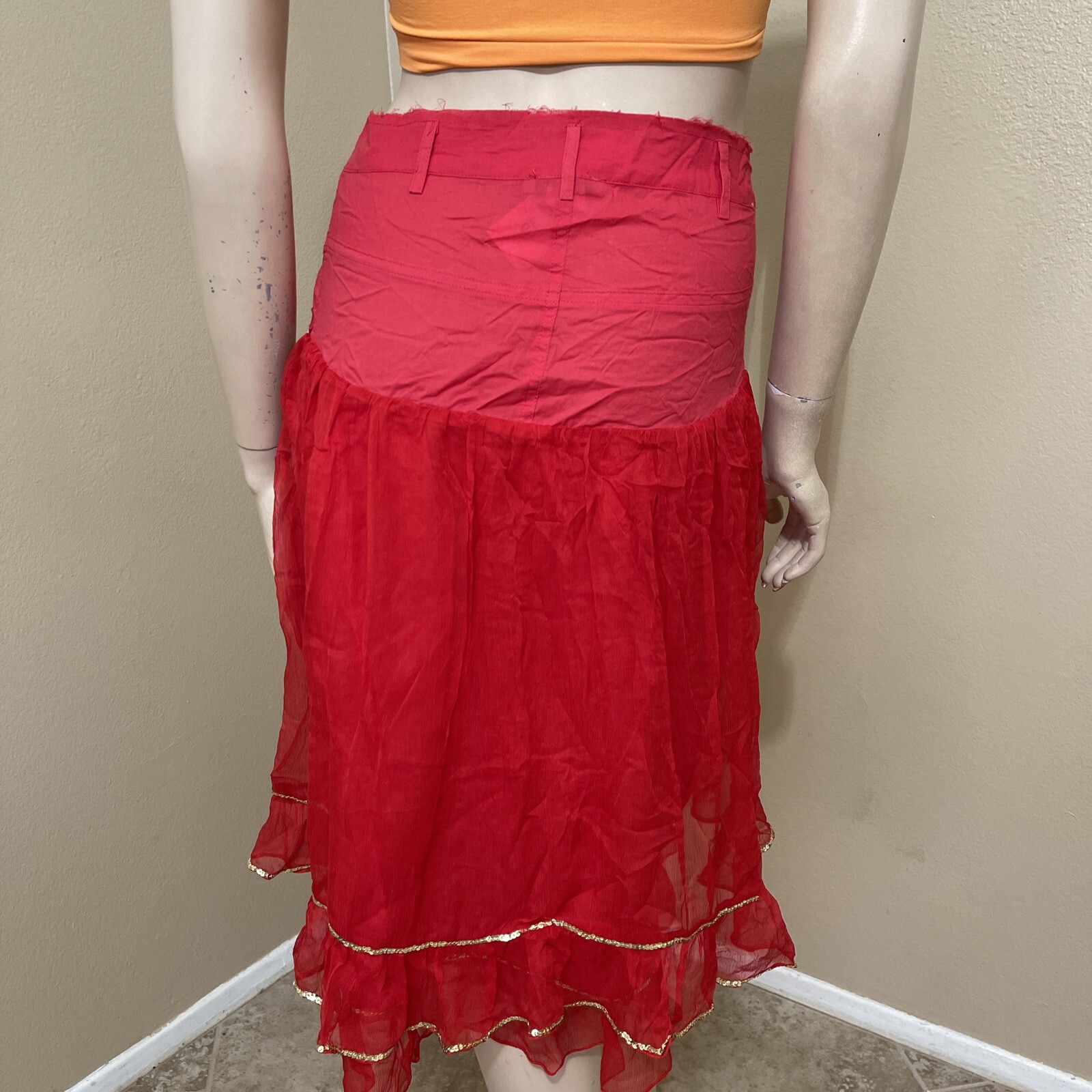 Women’s Red Silk Casual Beaded Embroidered Ruffle Zipper Size M(6-8) Skirt
