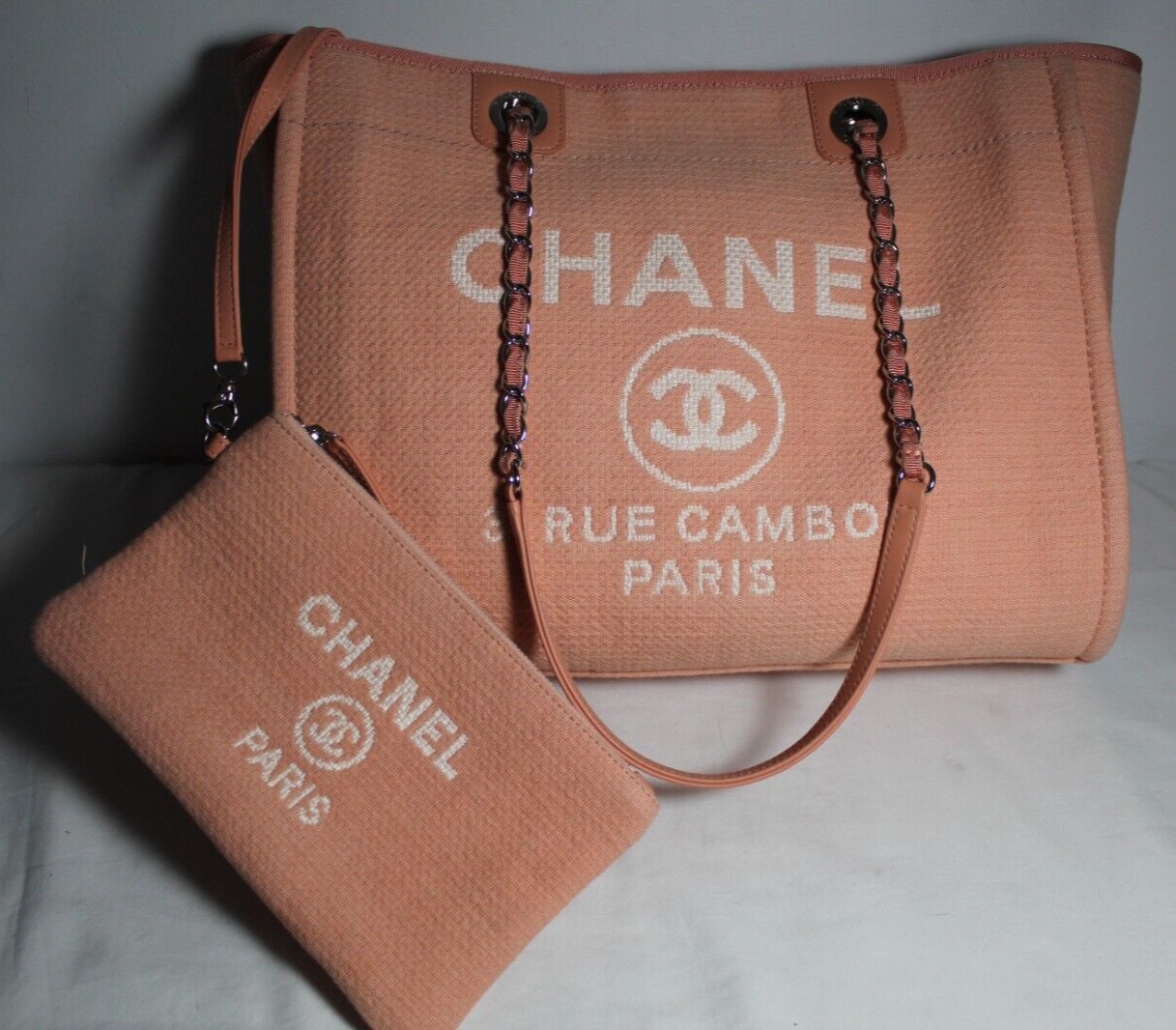 Chanel Mixed Fibers Deauville Tote Pink Shopper Shoulder Bag with Zip Pouch Set