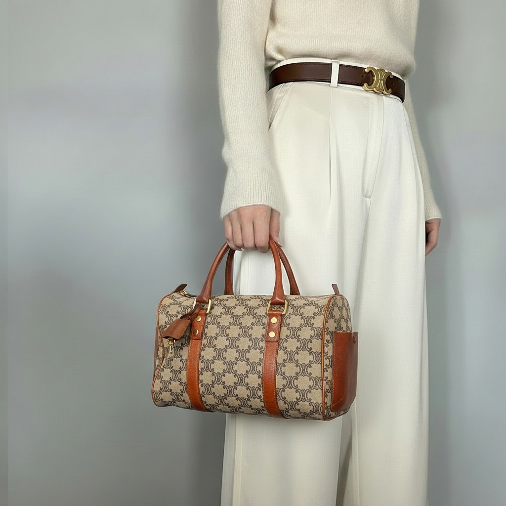 CELINE Macadam Boston Bag Beige Brown Canvas