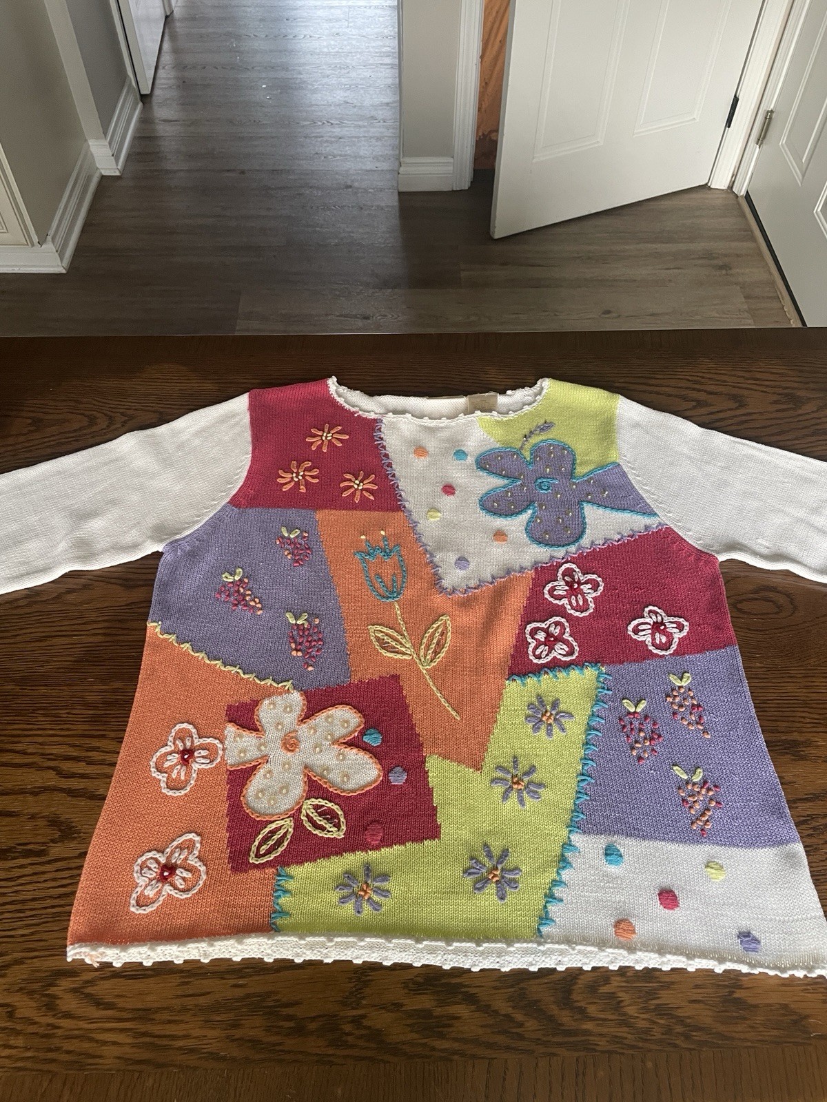 Bobbie Brooks XL Patchwork Butterfly Knit 3/4 Sleeve Sweater