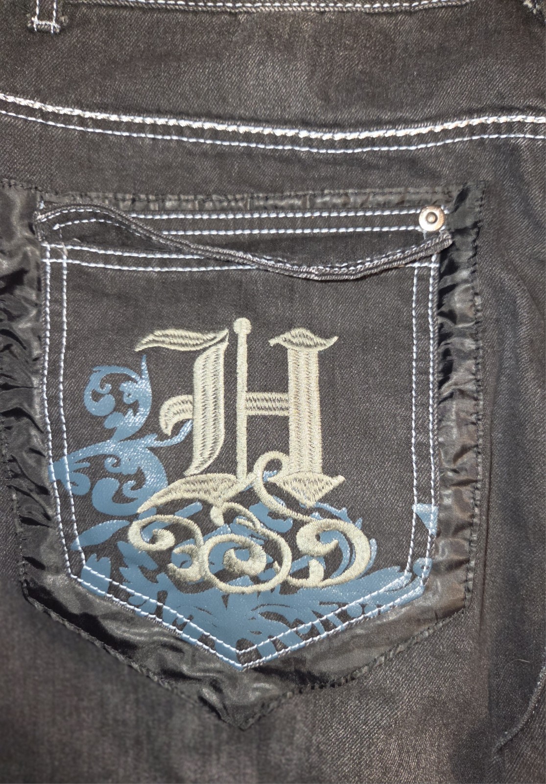 Mens PLAY BIGG Wide Leg Jeans Loose Fit Denim Embroidery Street Pants Sz 40