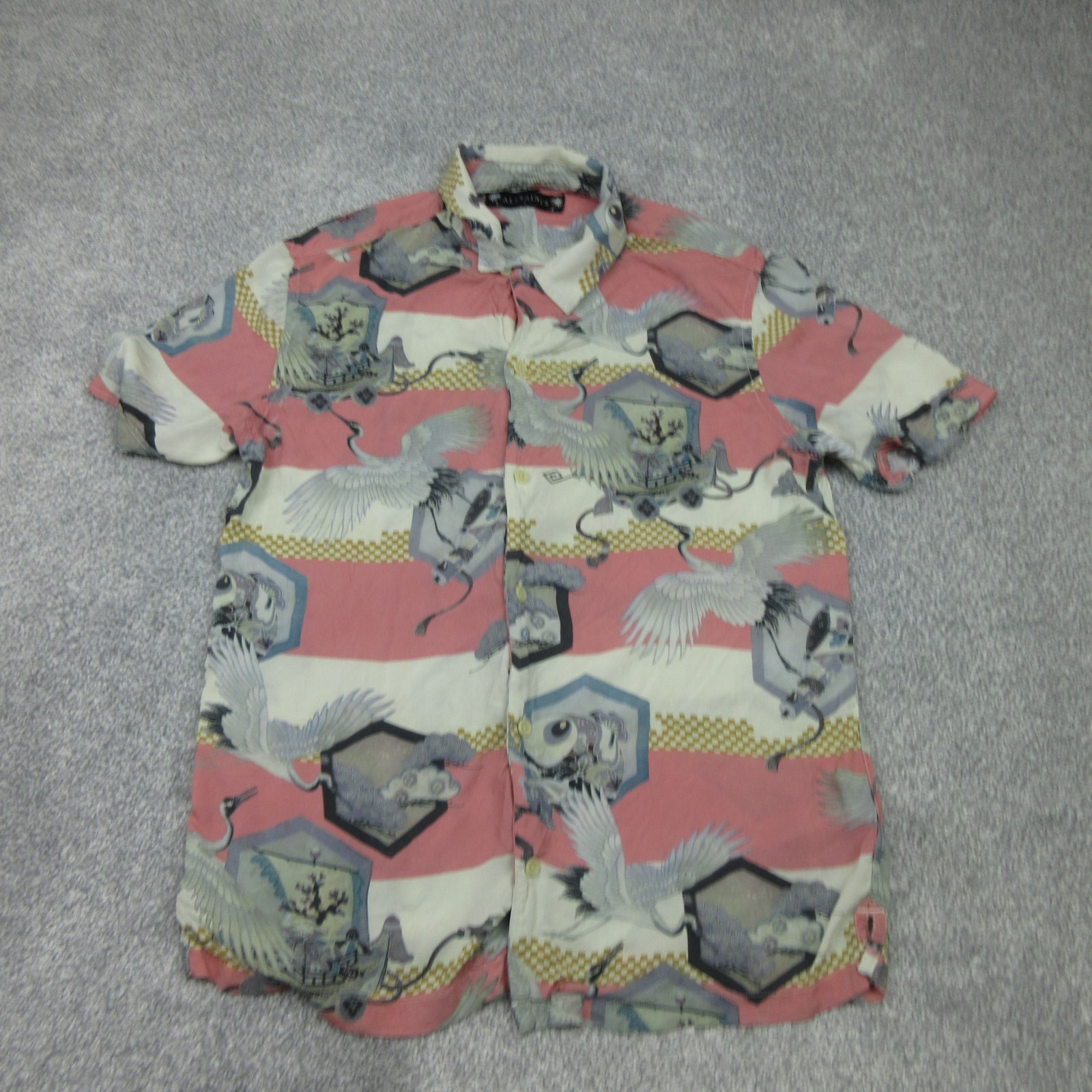 All Saints Mens Shirt Small Pink Shield Crane Bird Japan Oriental Hawaiian Light