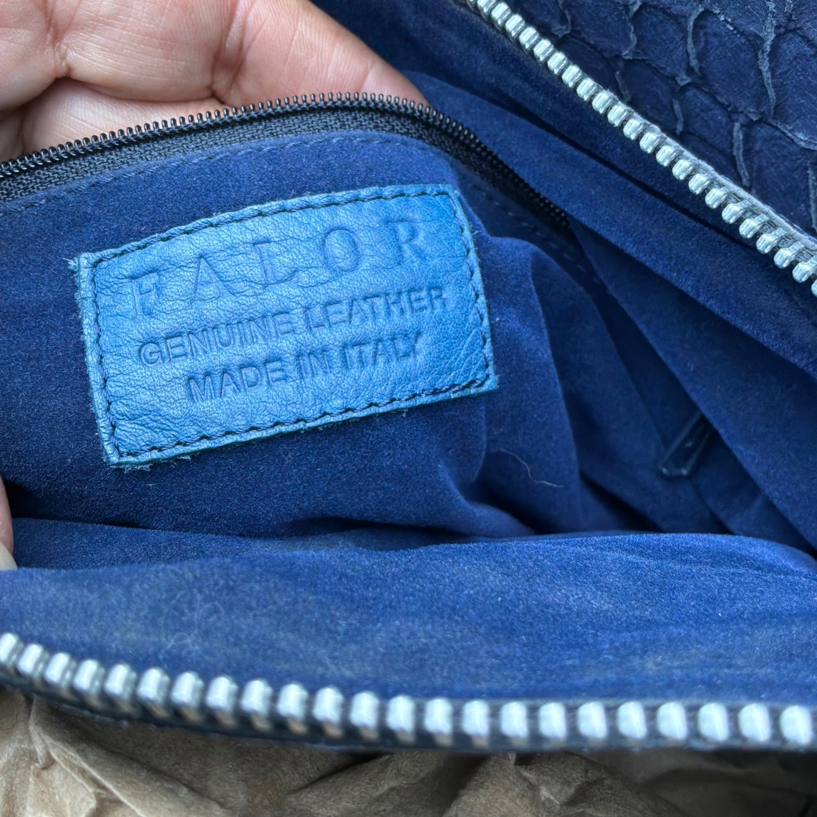 Falor Tote Bag Large Blue Croc Embossed Leather Braided Handles Made in Italy