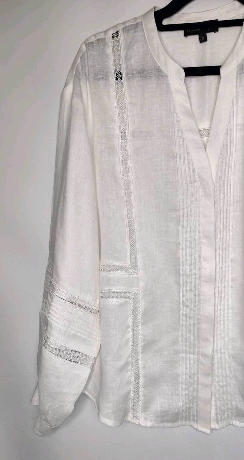 Phase Eight Ada Lace Insert Blouse Size 10 Ivory Linen Lace Oversized Shirt Top